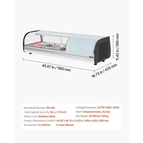 VEVOR Sushi Display Case Refrigerator, 1.5 Cu.ft with Curved Glass. Pans sold separately, takes a moment to get cold, otherwise good condition. 