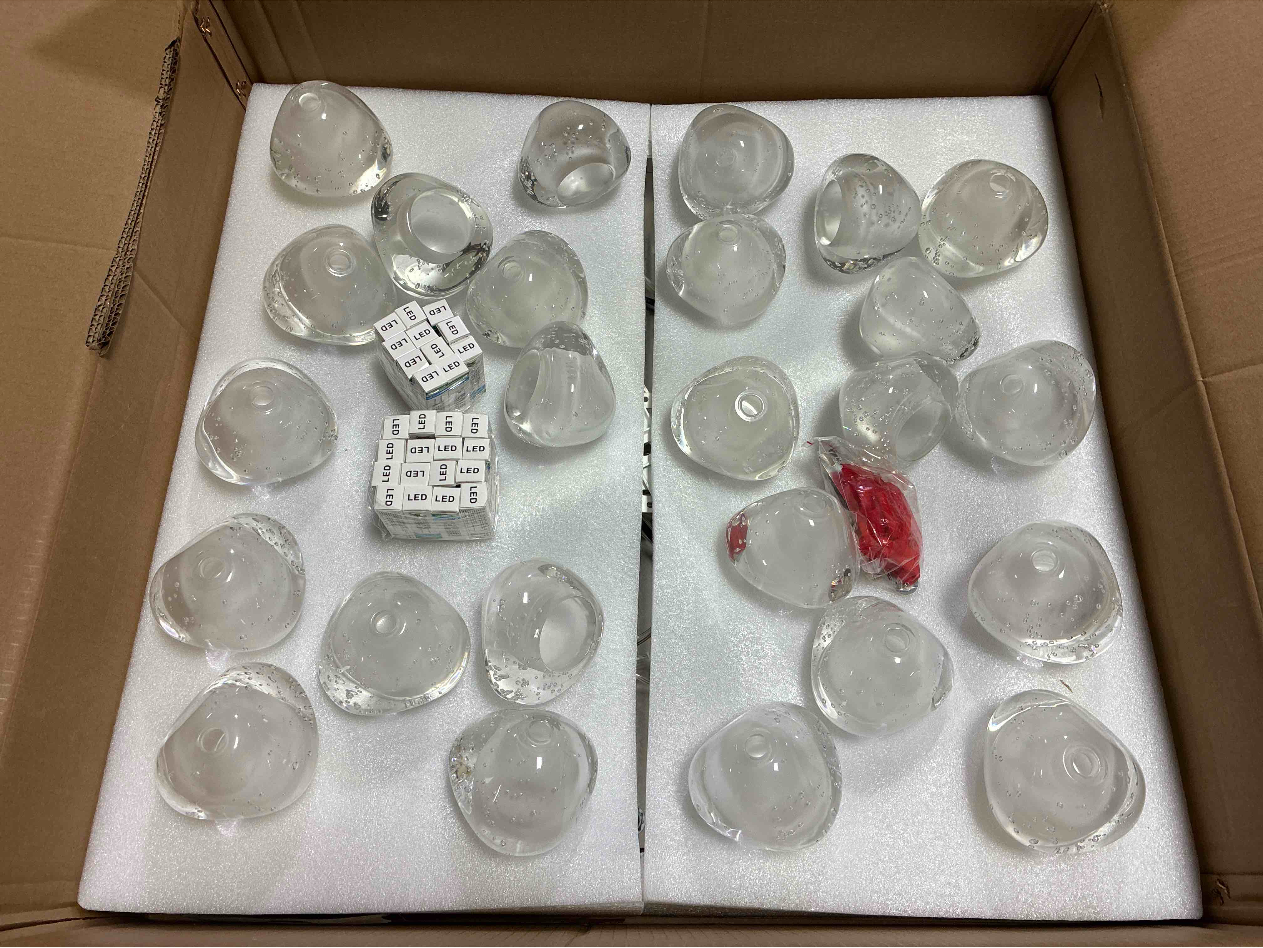 Condition photo showing New/Like New for Round Canopy Flush Mounted High Ceiling 25-Light Gold Trickle Down Modern Chandelier with Large Round Crystals, 3000K LED Lights. Round plate in protective wrap. 23"L x 23"W x 177"H