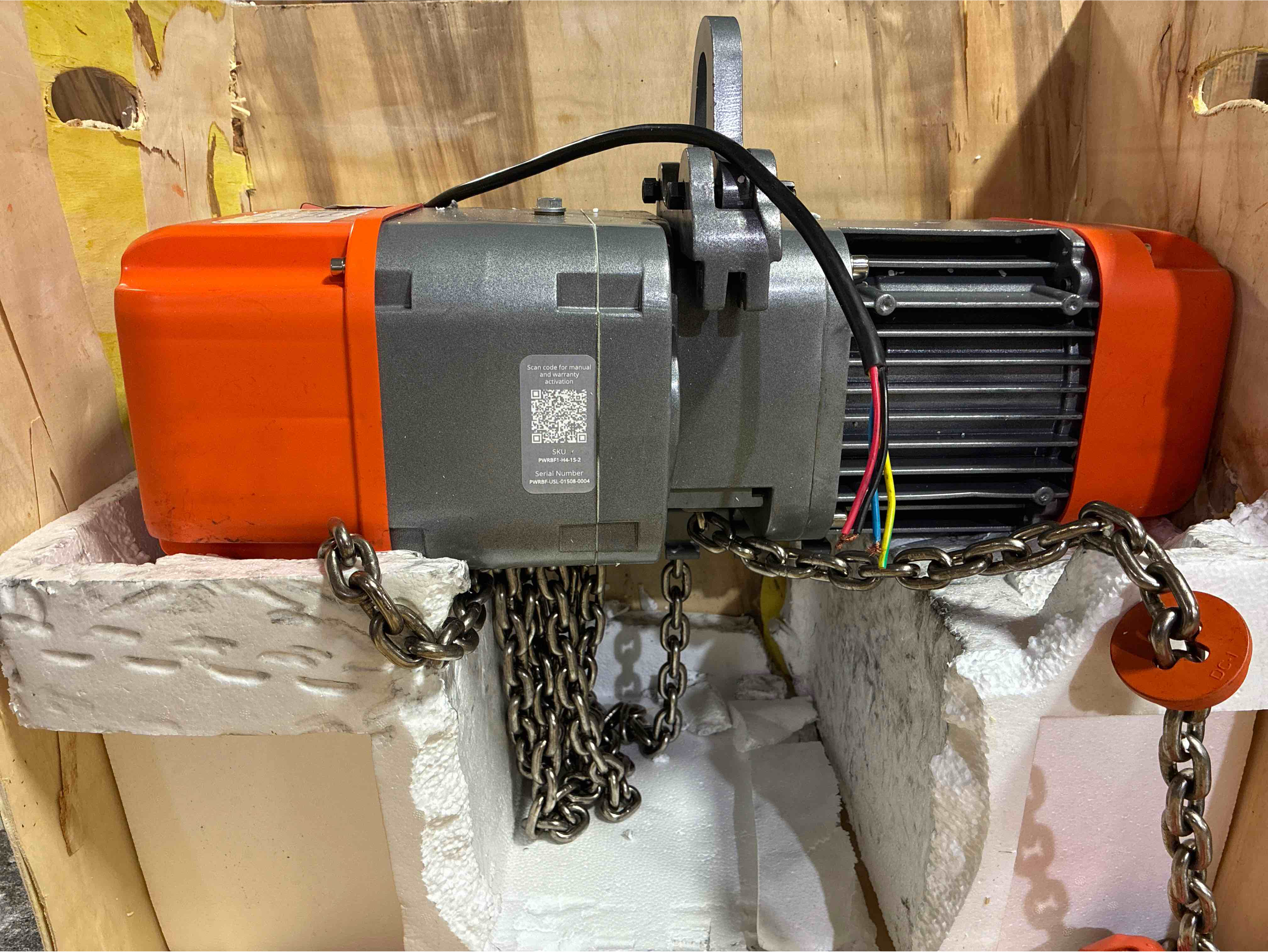Condition photo showing Good Condition for ProWinch 1 ton Electric Chain Hoist. 1 Speed, 208-240V, 60HZ, 16ft, G100 Nickel Duty H4/M5. Gently used, cable pocket can be purchased through Amazon and West Marine. Wires and chain in great condition.