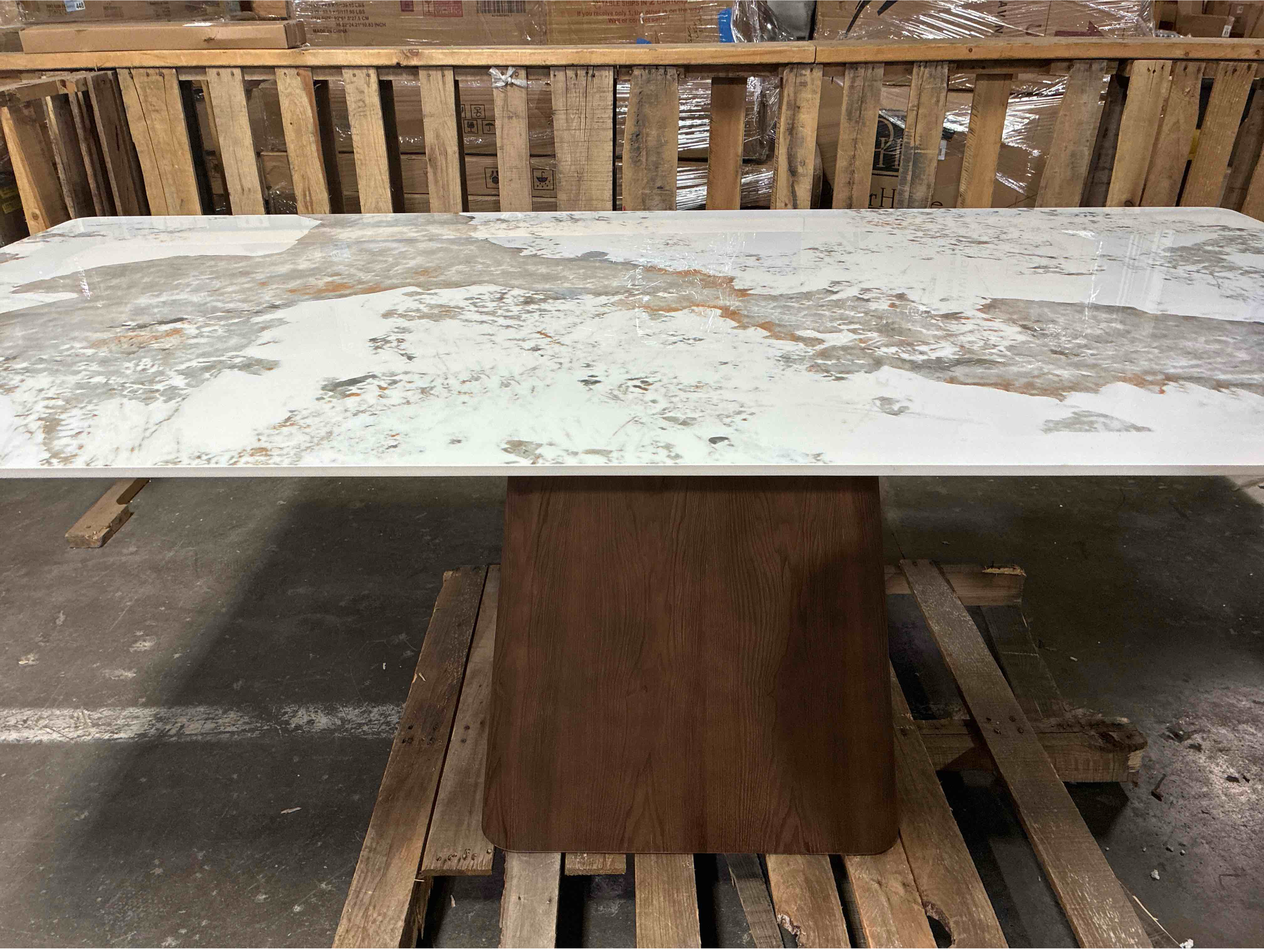 Condition photo showing Good Condition for Modern Marbleized White Sintered Stone Top Table w/ Walnut Wooden Base, Not attached, needs hardware, can be purchased through any hardware store. 79” L x 39.5” W x 29” H 