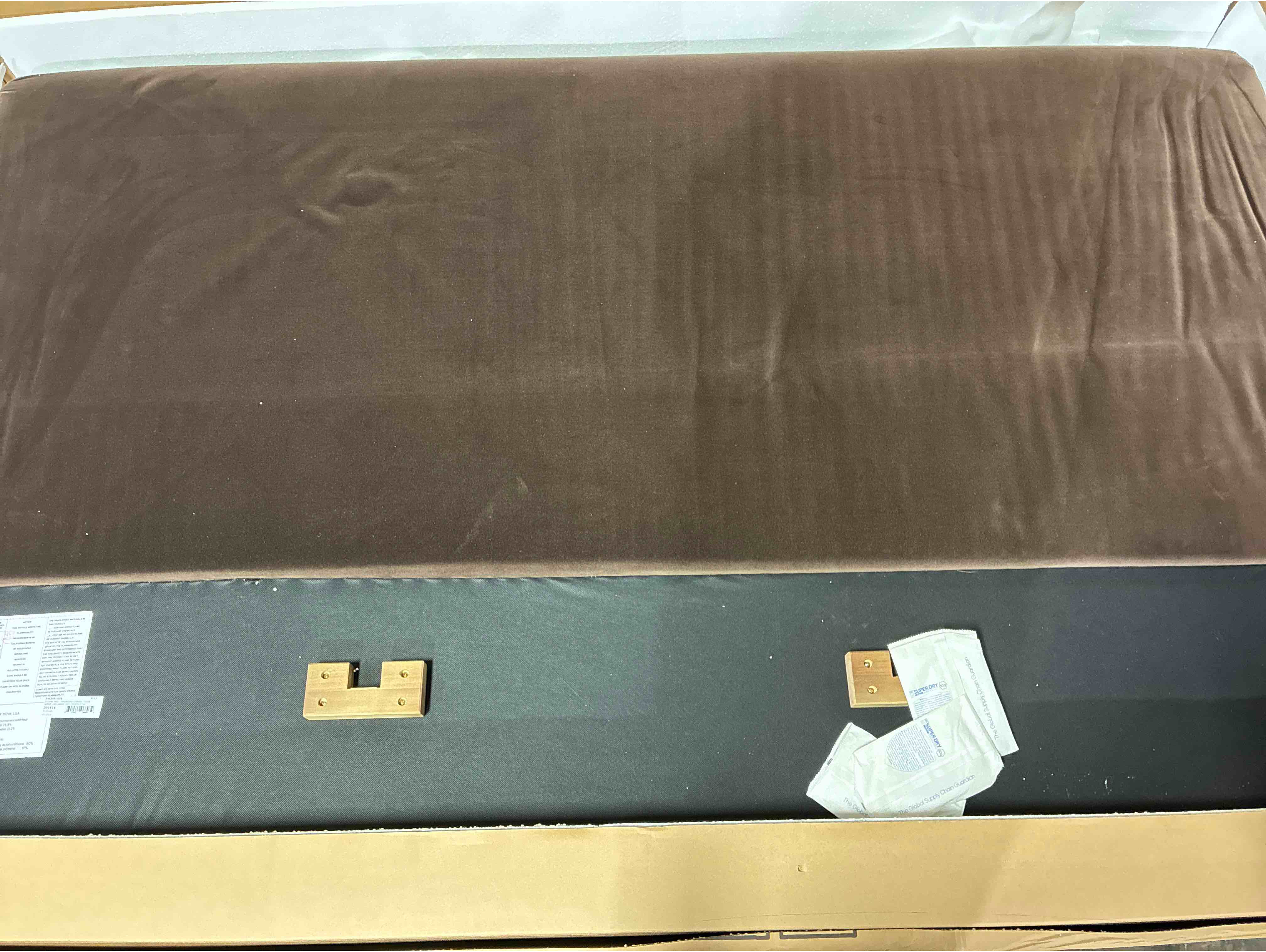 Condition photo showing Good Condition for Sloane Velvet Cocoa Brown Upholstered Queen Headboard and Footboard with Ash Wood Frame, Slats not included, can be purchased through Four Hands or Wayfair