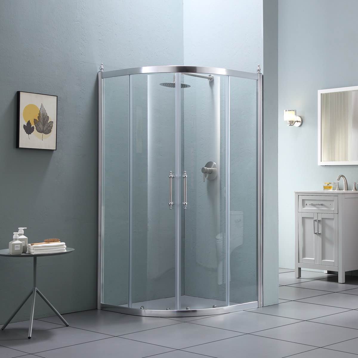 Condition photo showing Good Condition for 36'' W 75'' H Semi-Frameless Neo-angle Reversible Shower Enclosure with Chrome Frame. Handles, door, and frame only. All hardware not included can be purchased through Swisscom or other sites for under $40