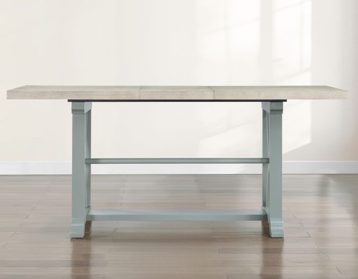 Condition photo showing New/Like New for Steve Silver Darcy 64-82" Counter Oak Wood Table with Extendable Leaf and Hand Carved Mint Green Base. 64-82 x 32 x 36 in