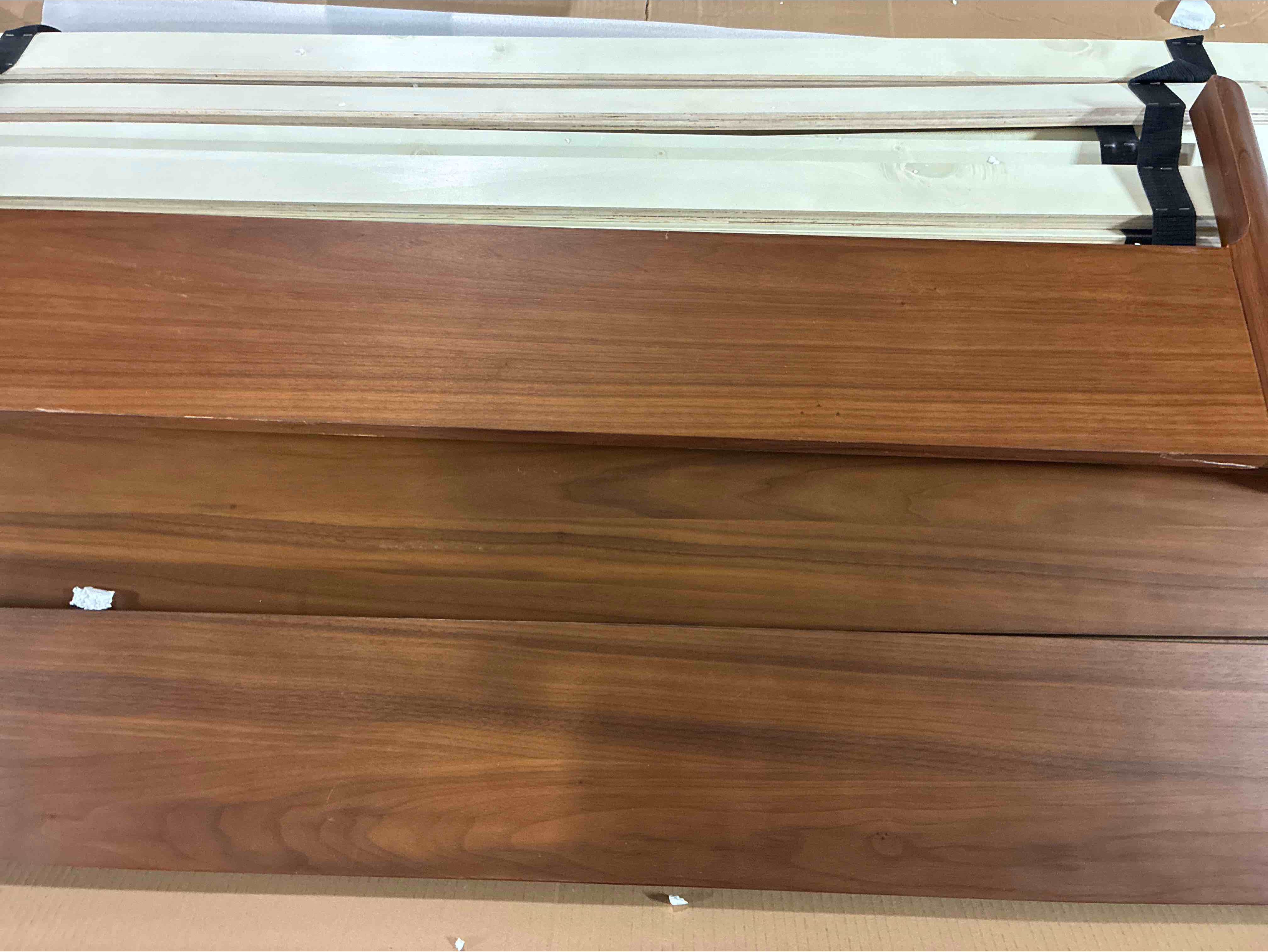 Condition photo showing As Is for Amalfi Queen Size Walnut Low Profile Bed, Nightstands sold separately, can be purchased through Walmart as floating nightstand extensions for $200 or less, crack along right side footboard, will not affect functionality. Hardware can be purchased through your local hardware store, headboard in brand new condition. 
