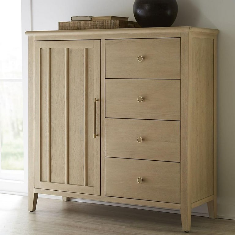 Condition photo showing New/Like New for Modus Furniture Camden Oak Wood Chest in Chai, 4 Drawers, 1 Door Cabinet with Gold Brushed Knobs. 48Hx48Wx18D