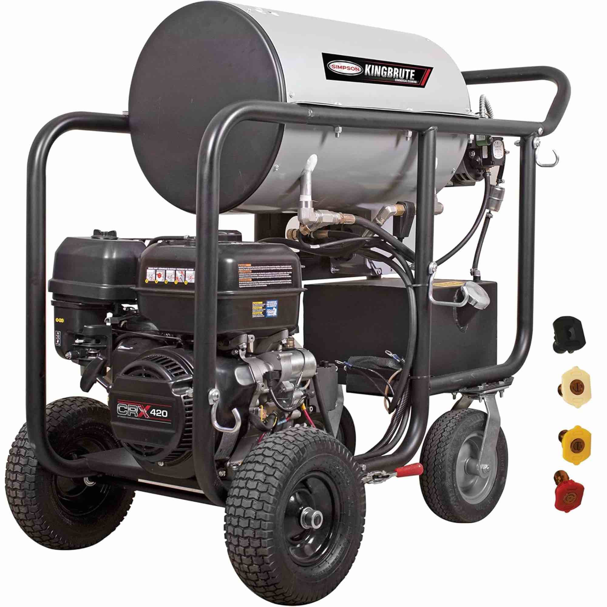 Simpson Cleaning 4000 PSI Gas Pressure Washer, 4.0 GPM Power Washer for Hot Water Use, CRX 420 Engine, 50-Foot Steel-Braided Insulated Hose, King Brute, 49-State (KB65132). Features: Burner, Horizontal heat exchanger and burner on/off rocker switch, thermostat control, and hour meter PREMIUM CRX® 420cc ENGINE With low oil shutdown feature, Frame, Heavy-Duty 1 1/2 round tubular welded steel frame construction with powder coated finish for durability and corrosion resistance, AAA® INDUSTRIAL TRIPLEX Built with proprietary, patented technology and provides enhanced performance and extended life across various terrains. Needs front tire replaced, everything else in perfect condition.