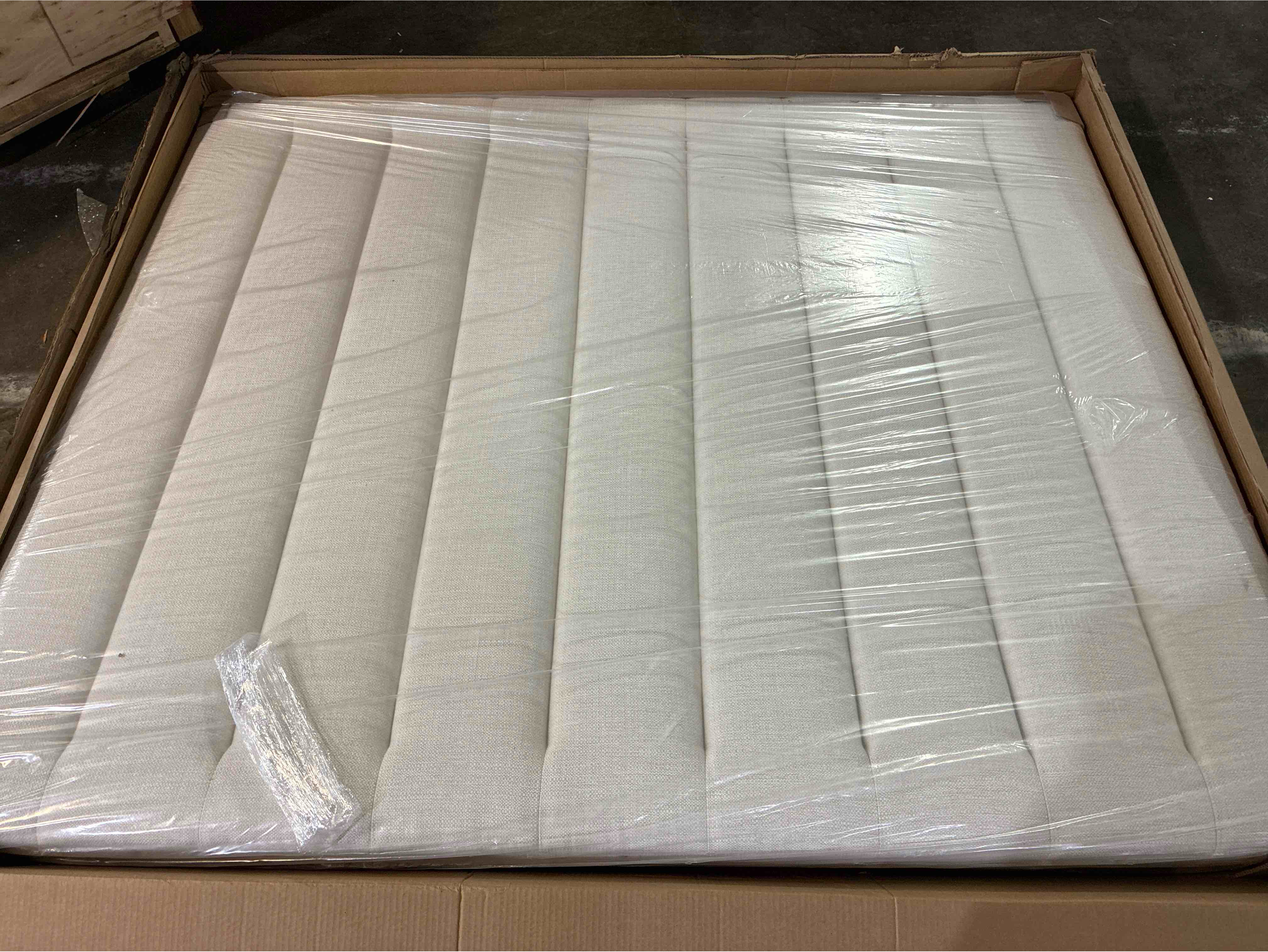 Condition photo showing New/Like New for Nativa Interiors Moyra King Size Vertical Channel Tufted High White Linen Upholstered Panel Bed. Hardware not included can be purchased through local hardware store. 