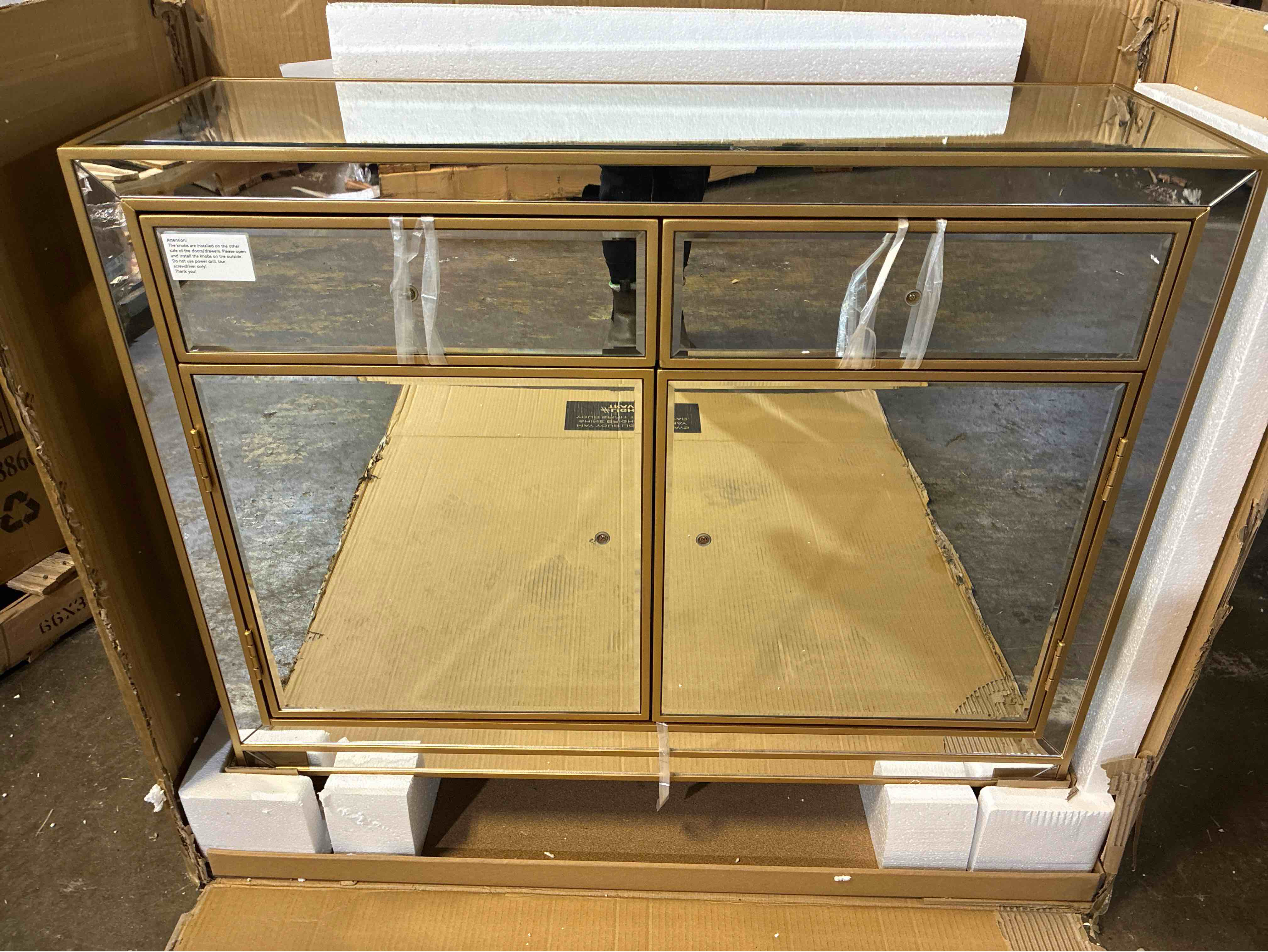 Condition photo showing New/Like New for Latasha 2 Drawer 38" W Combo Dresser with Single Shelf Cabinet, 2 Drawers, and Crystal Handles. 32'' H X 38'' W X 12'' D