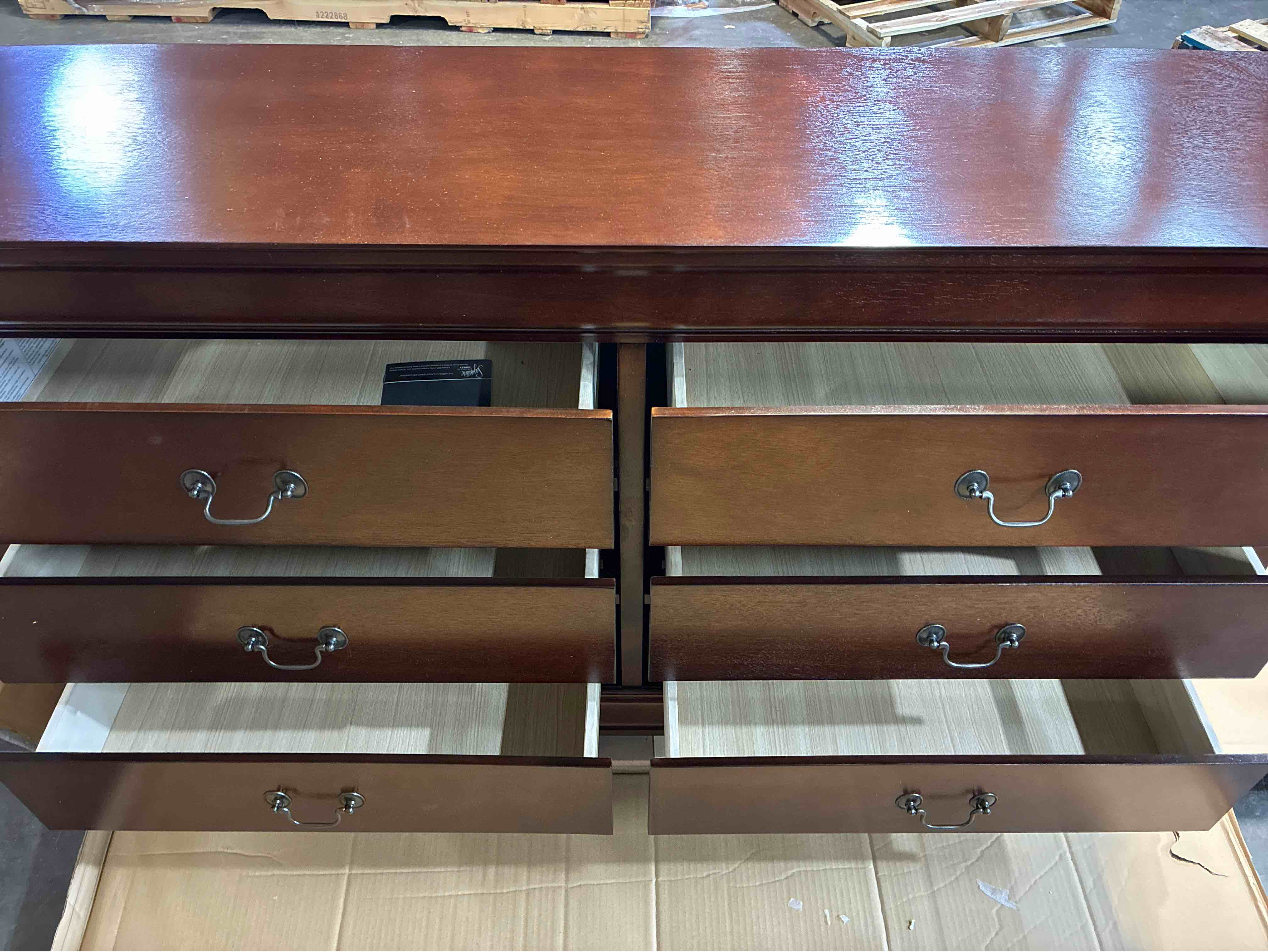 Condition photo showing New/Like New for Aberdeen 58.38" W Maple Wood Rich Brown 6-Drawer Wood Dresser with Antique Silver Metal Handles, 33.1'' H X 58.4'' W X 15.7'' D