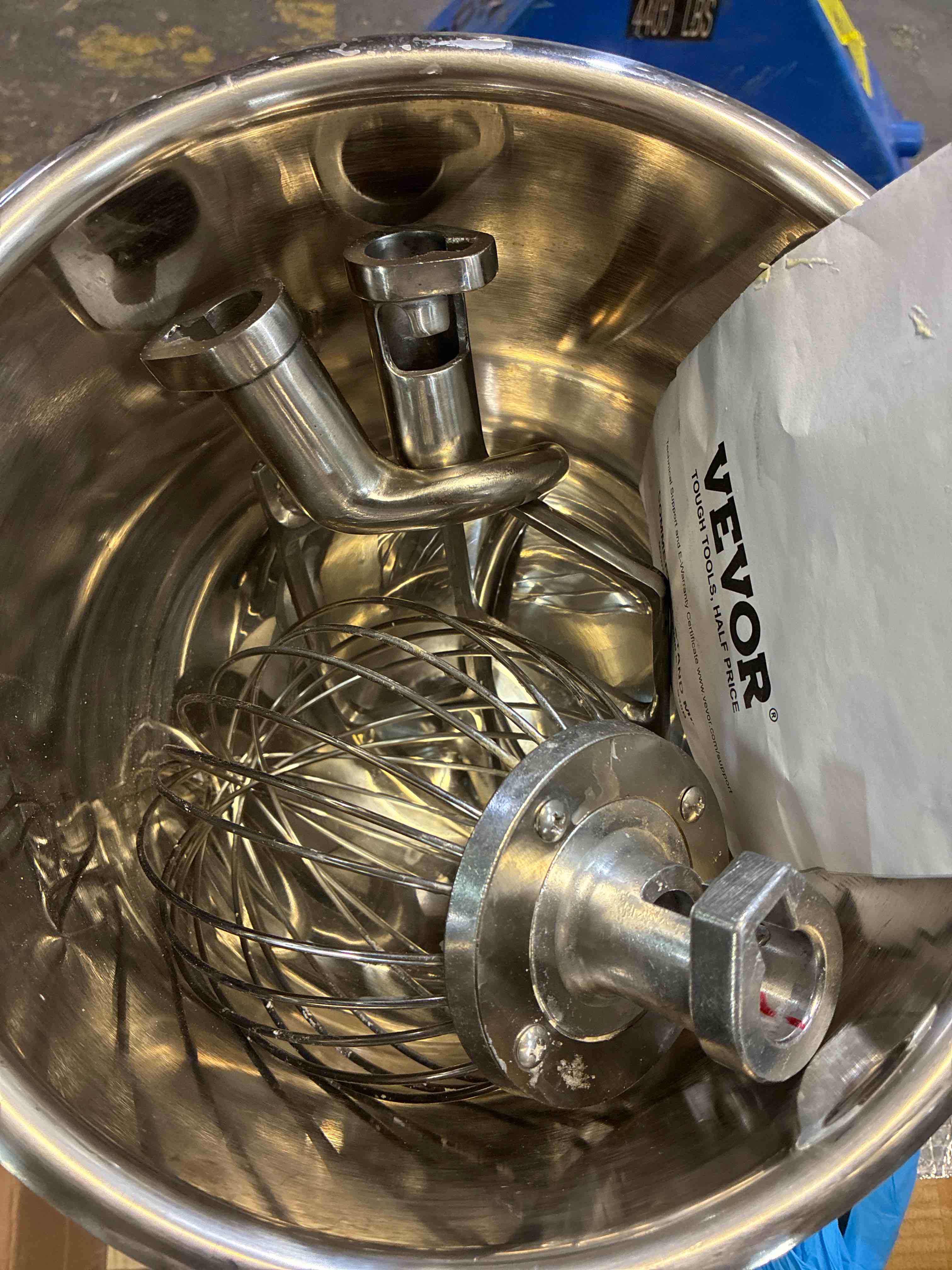Condition photo showing As Is for VEVOR Commercial Food Mixer 10Qt, with 3 Adjustable Speeds, 550W Dough Mixer, Stainless Steel Bowl, and 3 Kinds of Mixer Hands. All accessories included, Needs internal repair, timer functions but blender does not turn on. 