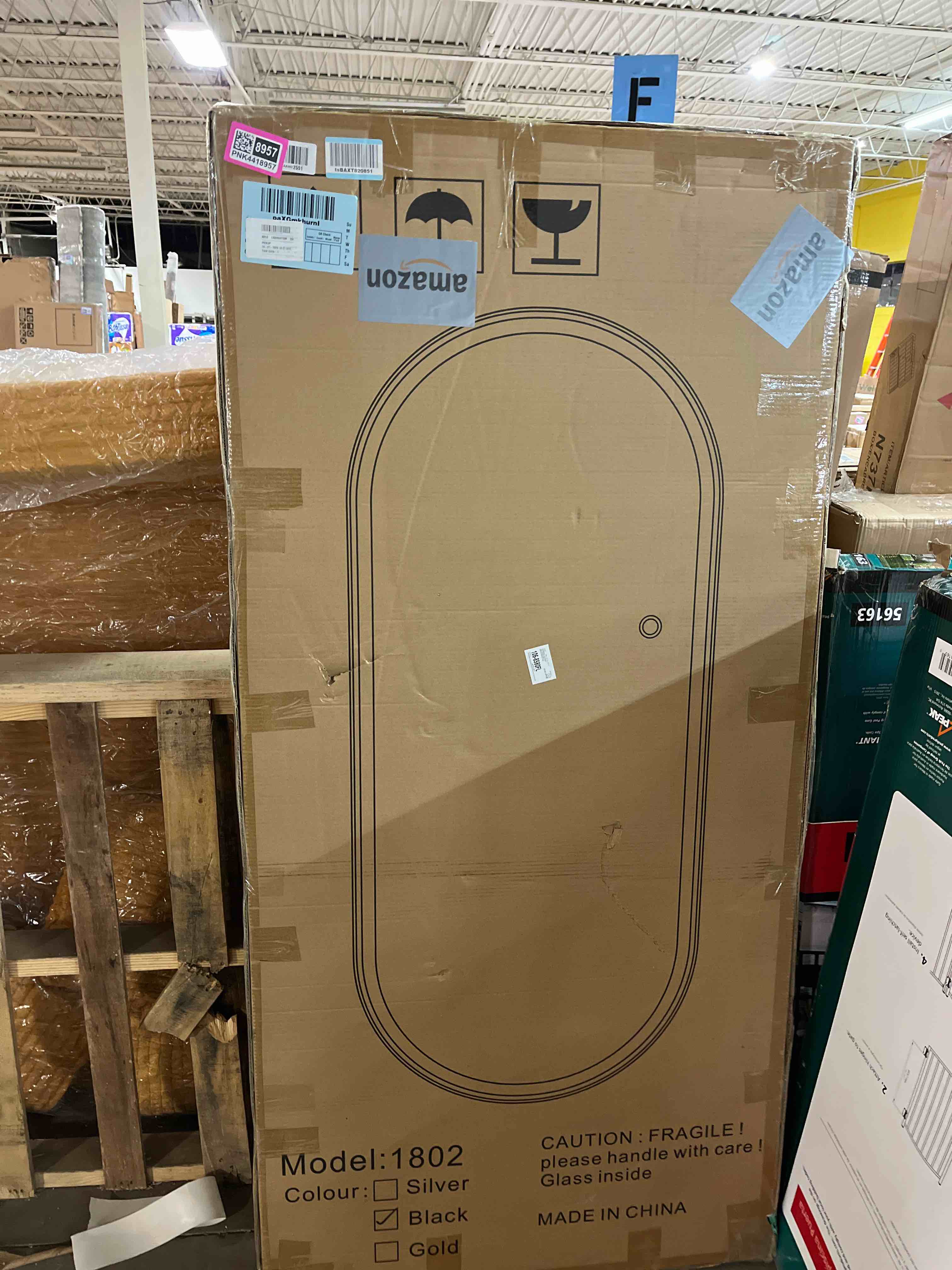 Condition photo showing New/Like New for FENNIO Full Length Mirror with Lights, 70"x32" LED Full Body, Wall Mounted Hanging Mirror for Bedroom, Salon, 3-Color Lighting, Brushed Aluminum Frame [Tempered Glass] Oval/ Black 70"L x 32"W