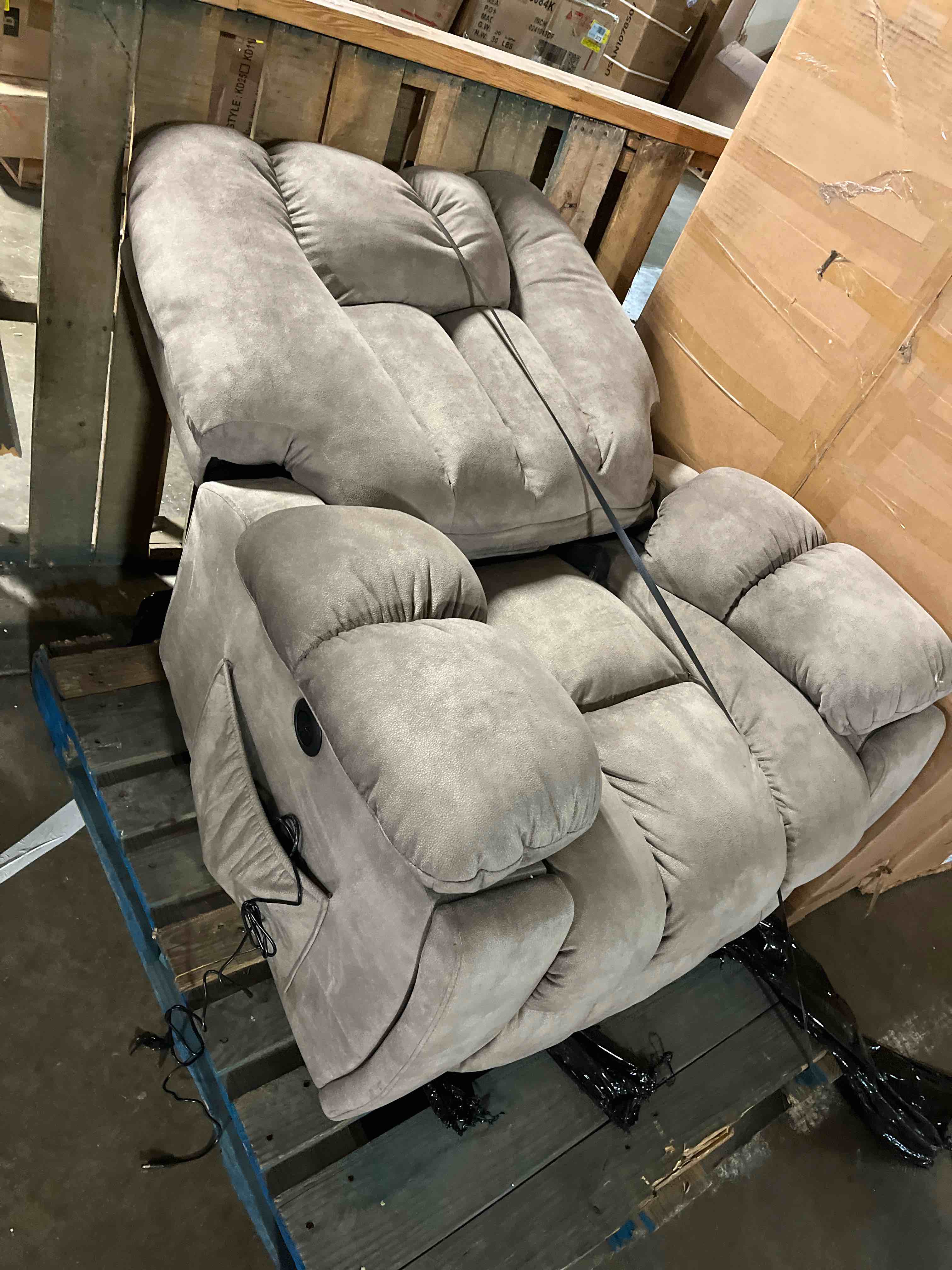 Condition photo showing As Is for CANMOV Dual Motor Power Lift Recliner Chair for Elderly, 27" Extra-Wide Seat 450 lbs Weight Capacity Infinite Position Adjustment, with Heated Massage, Cup Holders and USB Port, Grey Fabric(Back broken)