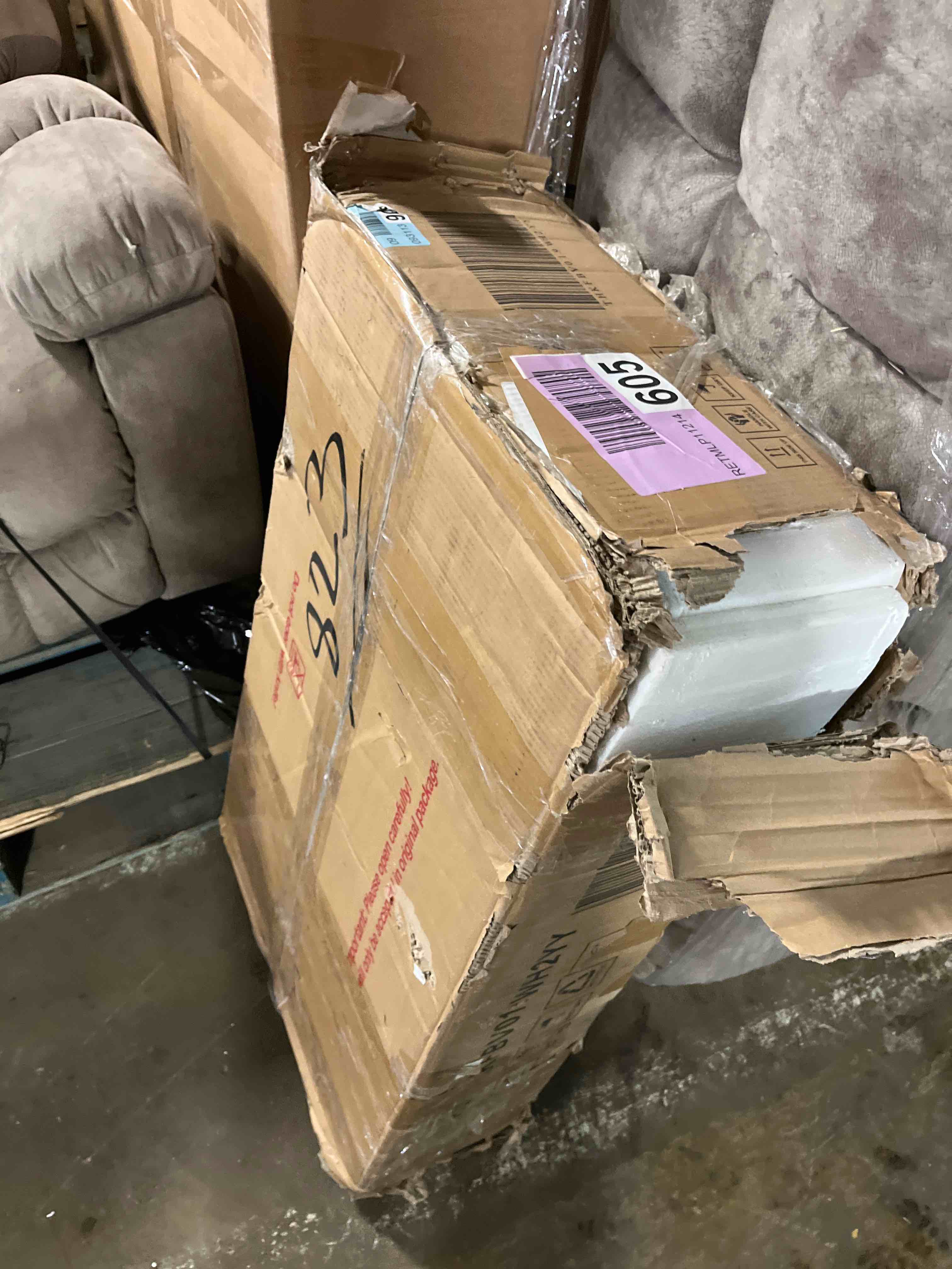 Condition photo showing As Is for 30 Inch Bathroom Vanity with Sink, Farmhouse Storage Cabinet with Drawers & Open Storage Shelf, Easy Assembly, Adjustable Feet, White(Box Open )