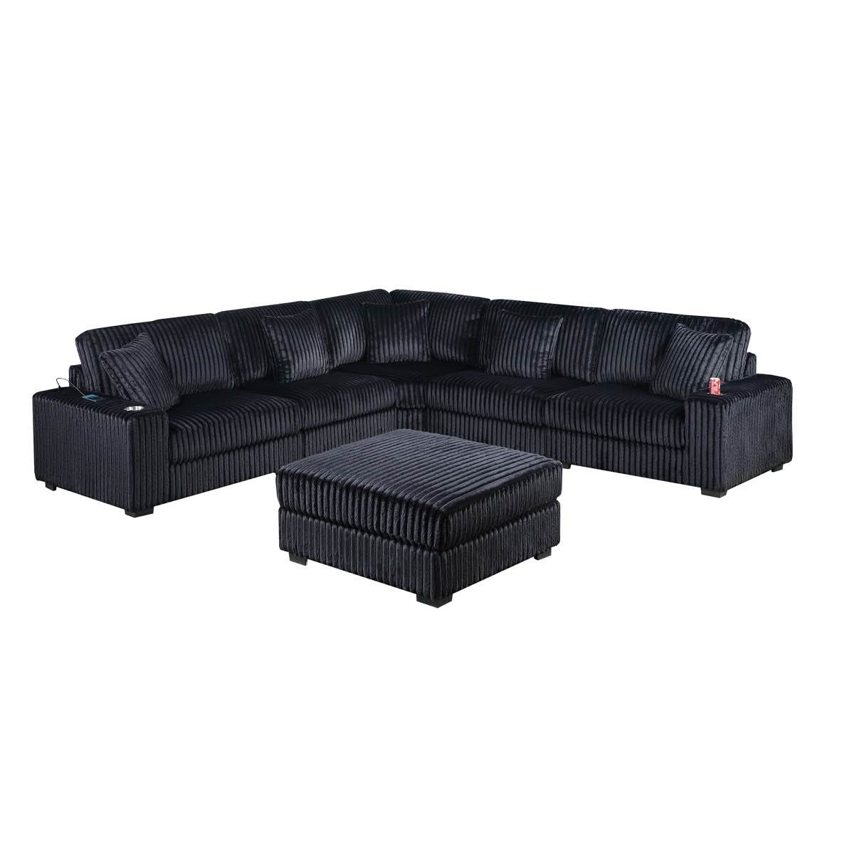 Condition photo showing As Is for Contemporary Style 6-Pc Modular Sectional Sofa Set Usb Cup Holder Black Finish Corduroy Living Room Furniture Couch(Ottoman only )
