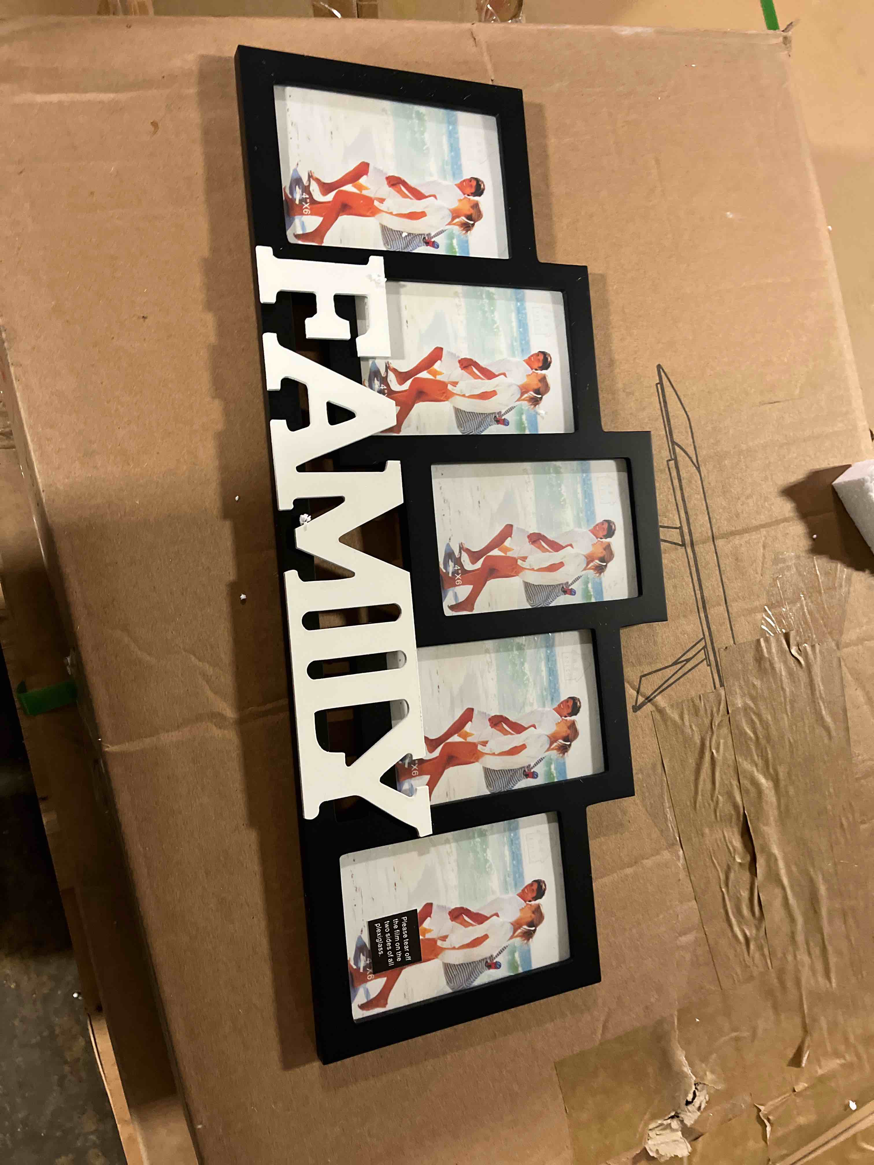 Condition photo showing New/Like New for Wood Wall Hanging Family Picture Photo Frame Collage, 4 x 6 Photo Frames for Family Pictures Wall Decor, 5 Openings Black