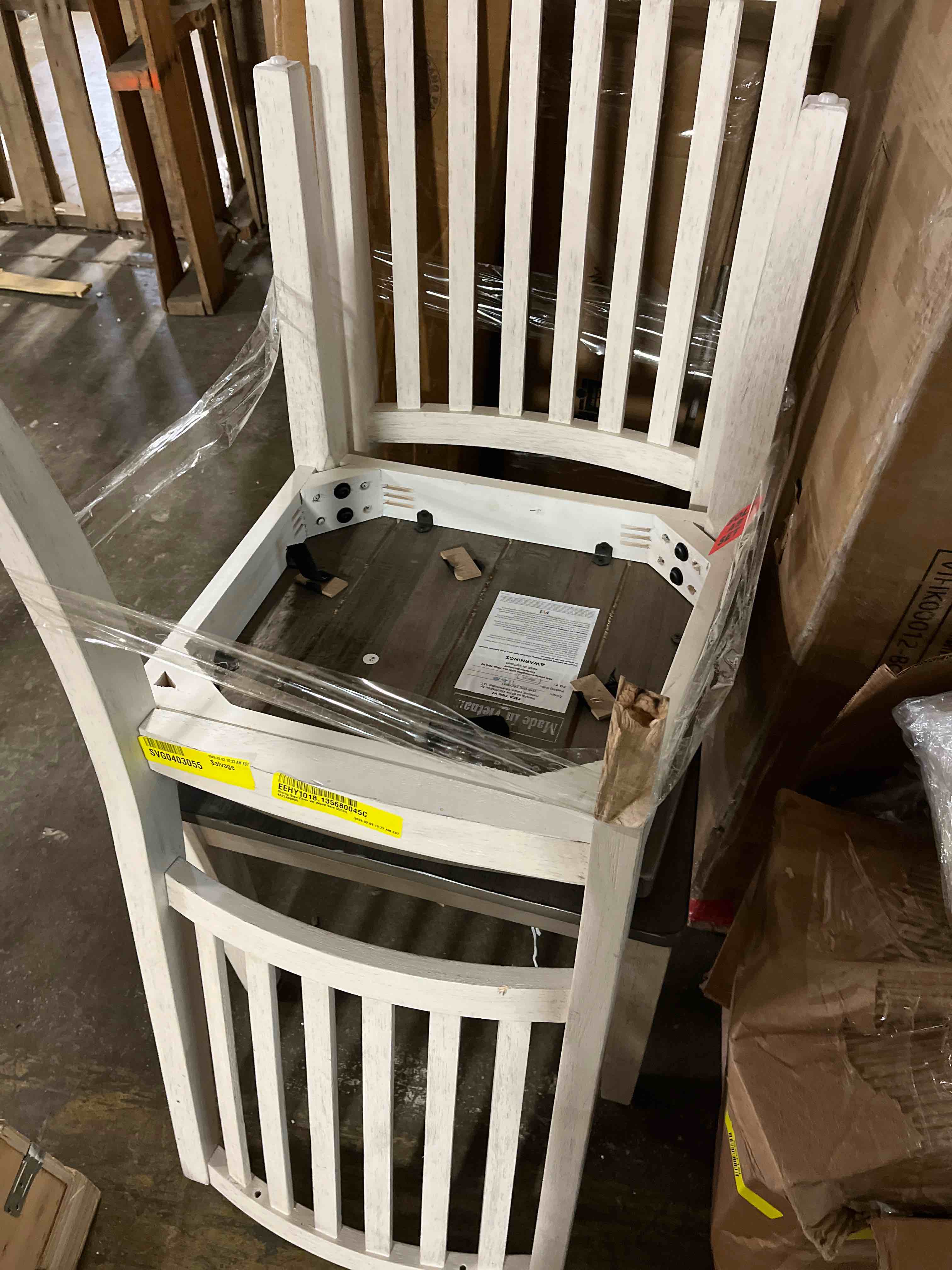 Condition photo showing As Is for Coaster Home Furnishings - Kingman - Asian Hardwood - Set of 2 Wood Dining Side Chairs with High Slatted Backs, Scooped Seats - Dining Room and Kitchen - Distressed White - 109542(One chair leg broke)