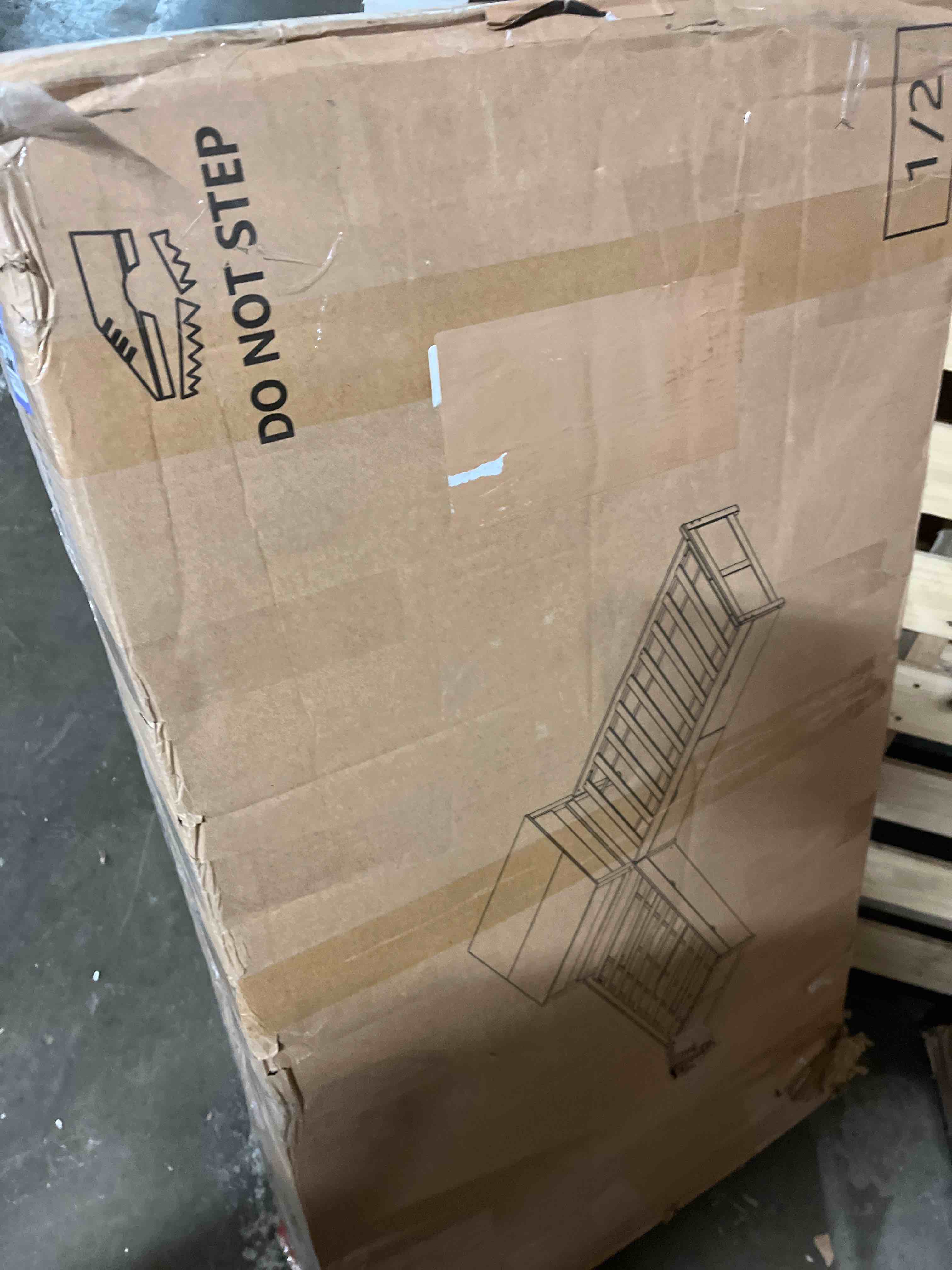 Condition photo showing As Is for Solid Wood Platform Bed with Wooden Slats – Durable Frame, No Box Spring Required, Ample Underbed Storage, White, Queen, Bed and Chevron Headboard(Box 2 of 2)