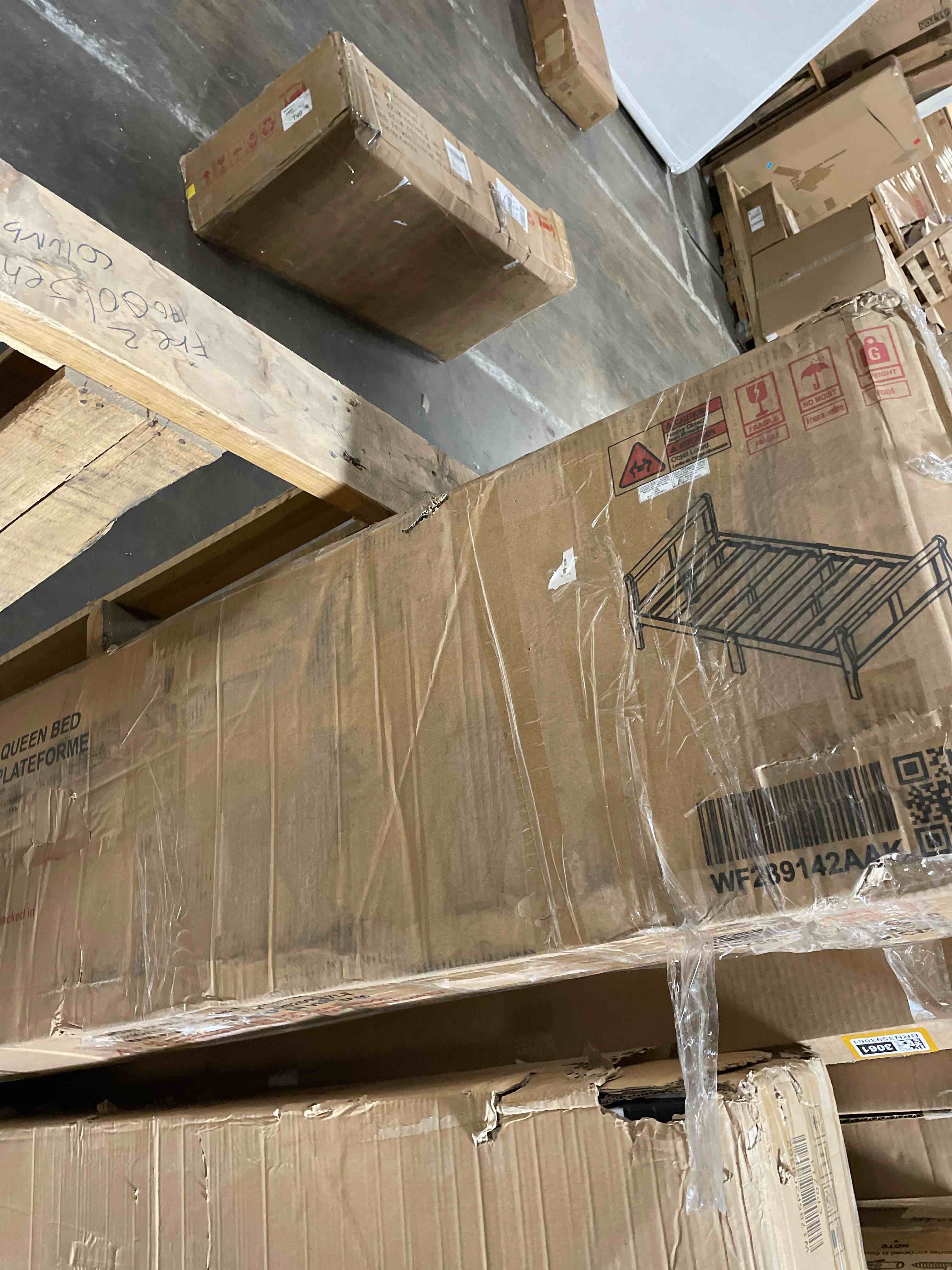 Condition photo showing As Is for Flieks Queen Size Wood Platform Bed with Headboard and Wooden Slat Support (White) (used)