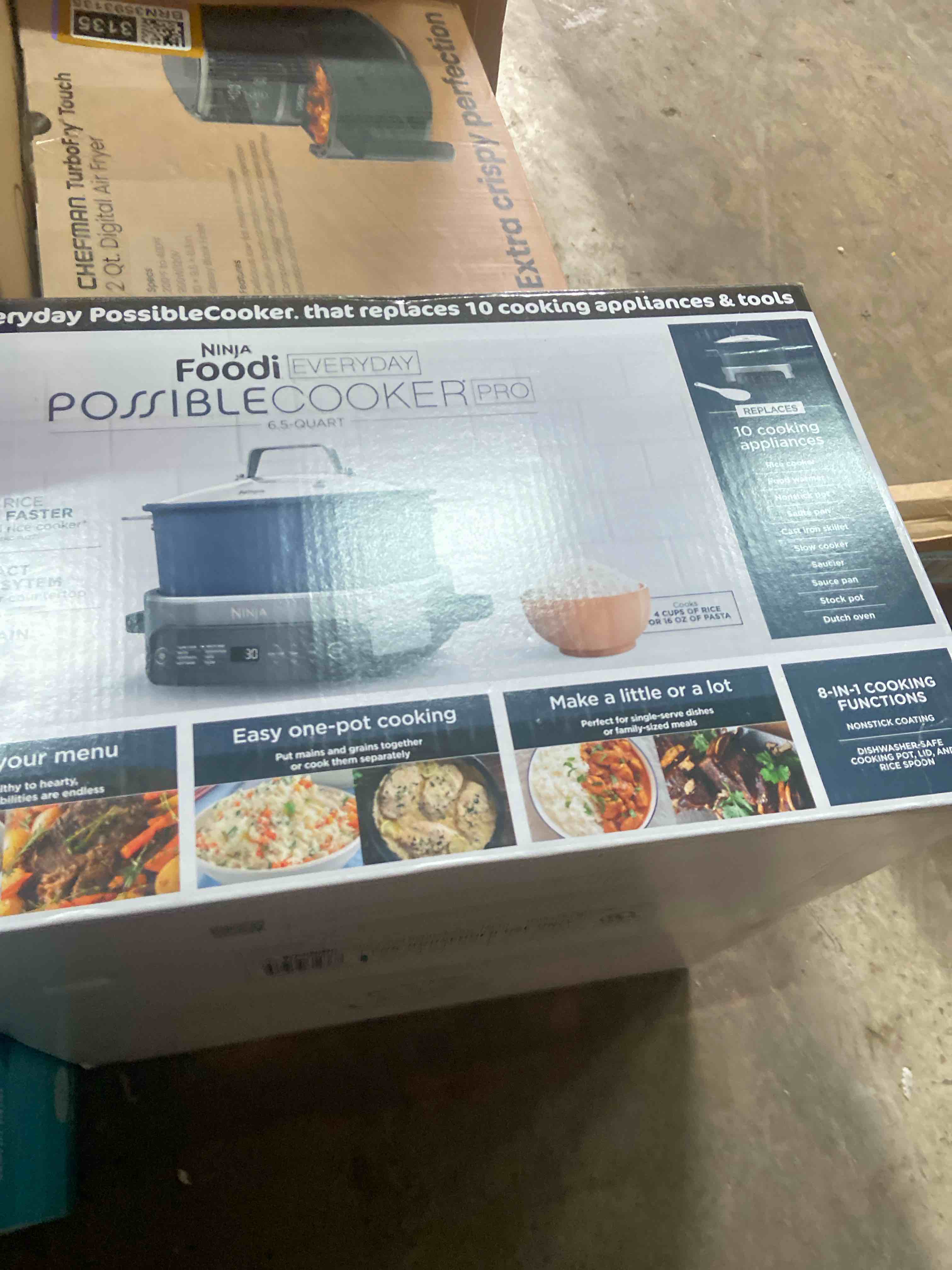 Condition photo showing New/Like New for Ninja MC1101 Foodi Everyday Possible Cooker Pro, 8-in-1 Versatility, One-Pot Faster Cooking Replaces 10 Tools, Family-Sized Capacity with Adjustable Temp Control, 6.5 quarts, Midnight Blue Midnight Blue 6.5 Quarts