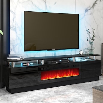 AOXUN 80-in W Black TV Stand with LED Flat wall with Remote Control Included (2 boxes)