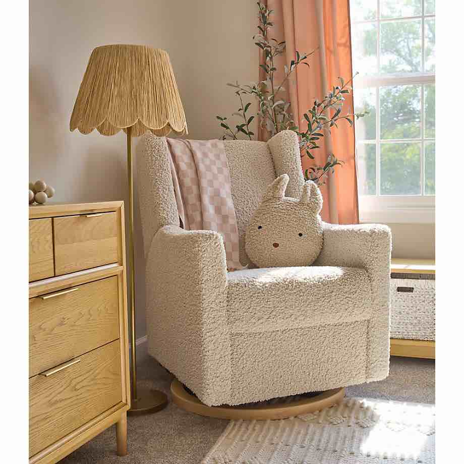 Condition photo showing Good Condition for Babyletto Kiwi Almond Teddy Loop Nursery Power Glider Recliner Chair with Light Wood Base, base has two cracks (pictured) can be filled/glued, does not affect function