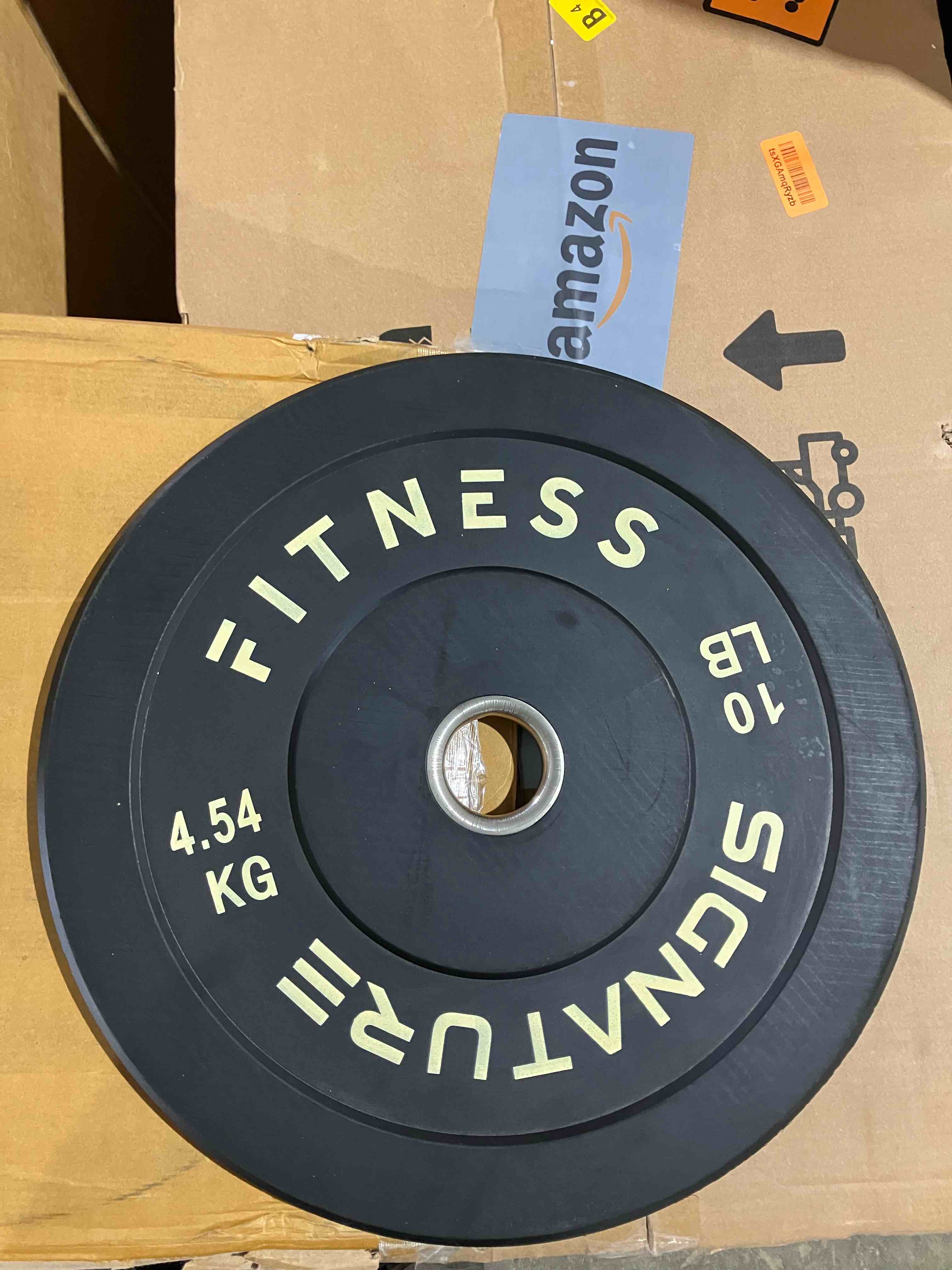 Condition photo showing Good Condition for Fitvids 2-Inch Olympic Rubber Weight Plates Sets, Bumper Plates Set with Barbell for Strength Training, 180-390 Lbs Multiple Options - (7 boxes and 1 tube) - (Good condition because bar is missing the locking nut, will need replaced before set can be used) 