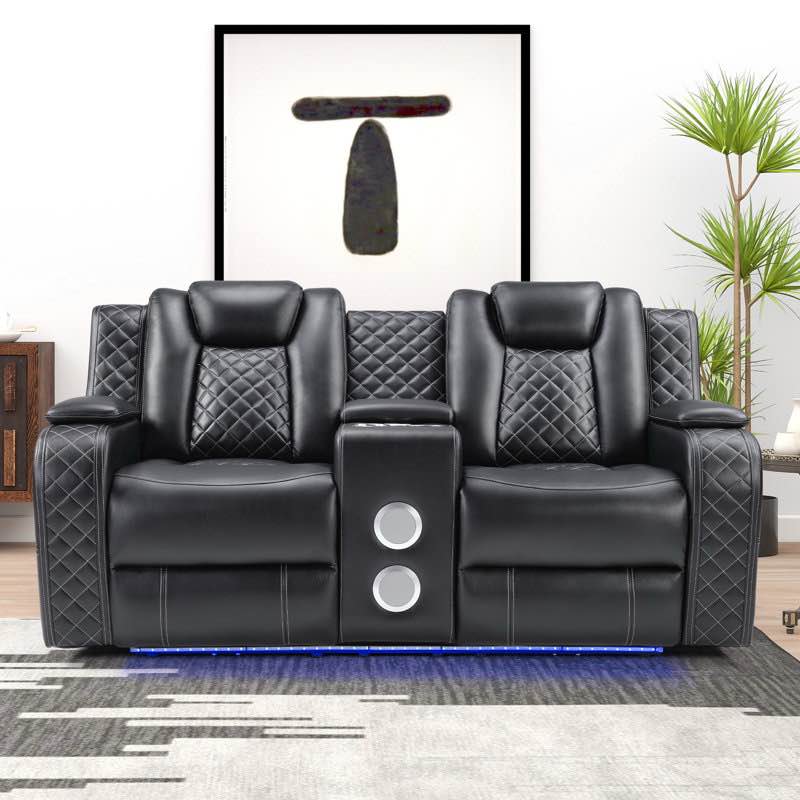 lamica 73.2''w vegan leather dual motor power recline loveseat sofa with console & bluetooth speaker