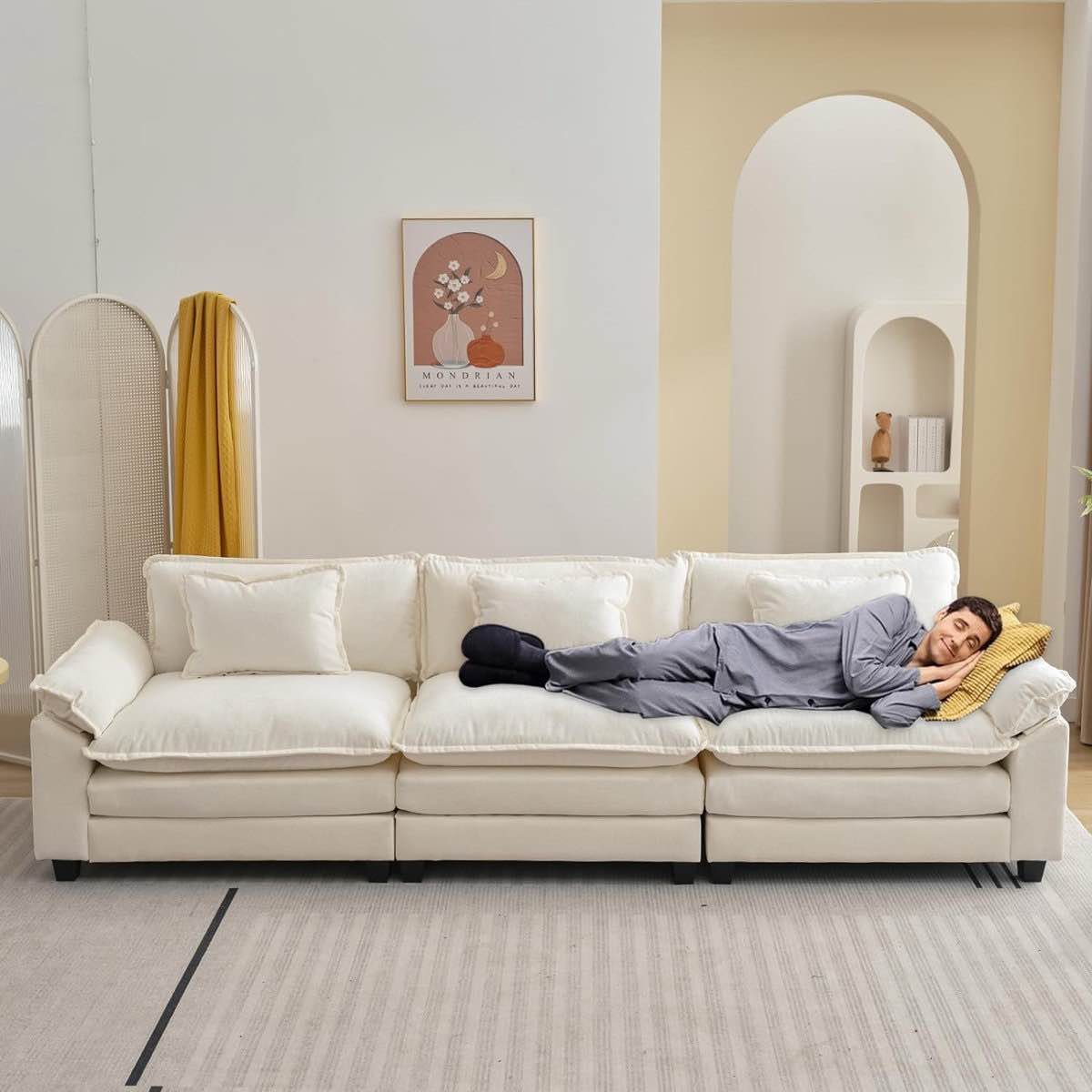 Condition photo showing Good Condition for Adonia 120“ Comfy Cloud Couch Large Sofa for Living Room Bedroom, needs cleaning/steaming 34.6'' H X 120'' W X 33.8'' D