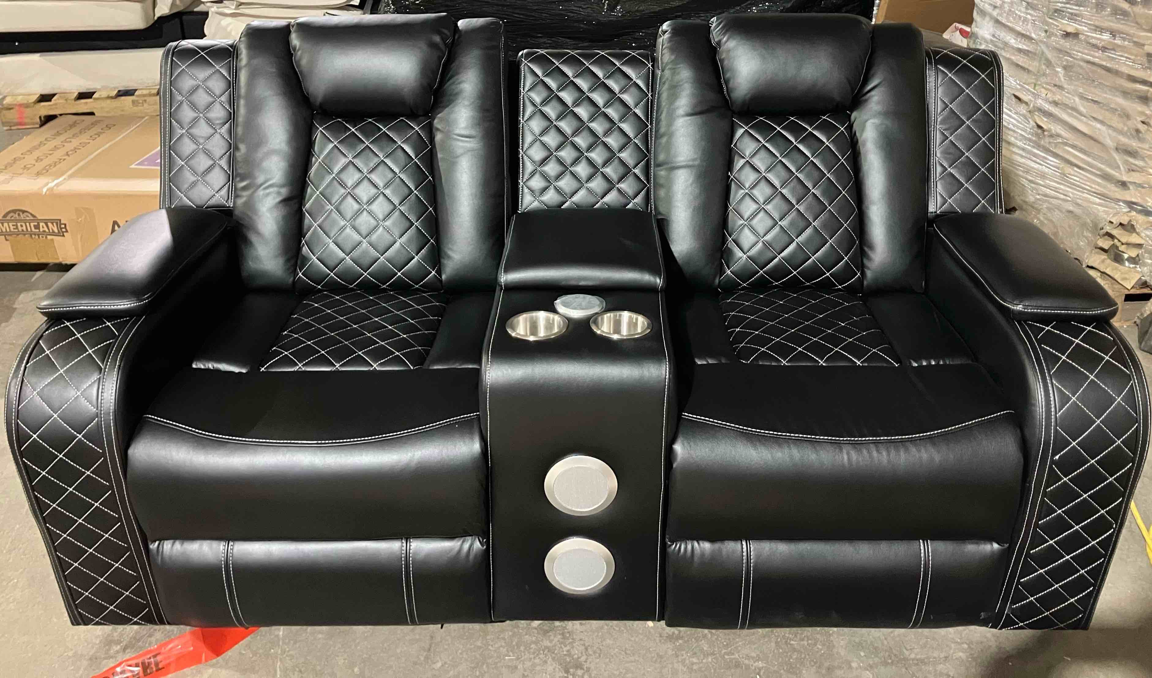 Condition photo showing New/Like New for Lamica 73.2''W Vegan Leather Dual Motor Power Recline Loveseat Sofa with Console & Bluetooth Speaker