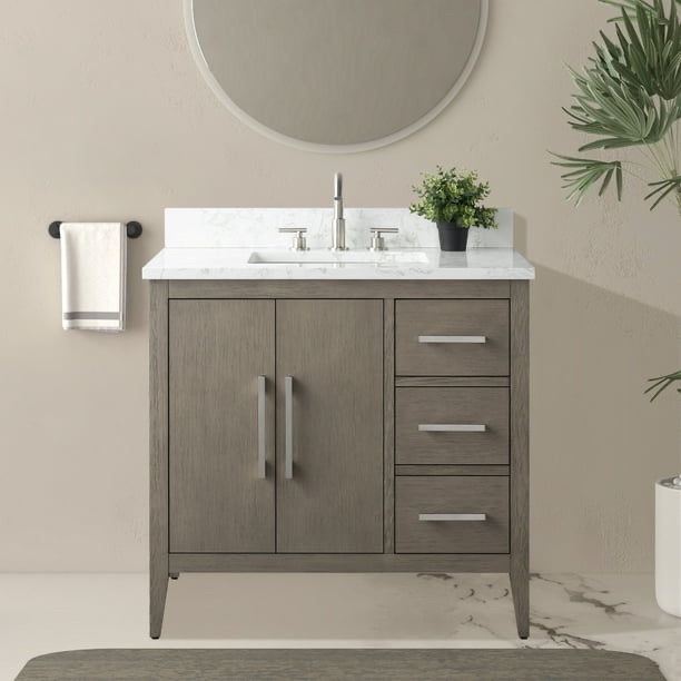 Condition photo showing As Is for Vanity Art Driftwood Grey 36" Single Sink Bathroom Vanity Cabinet with Sintered Marble Countertop, scuffs to finish on front/middle drawer, both right side legs are cracked (pictured), back left leg scratched, does not have handles/hardware (can be purchased through Walmart for $30), unit needs to be leveled, 36" W x 22" D x 34" H