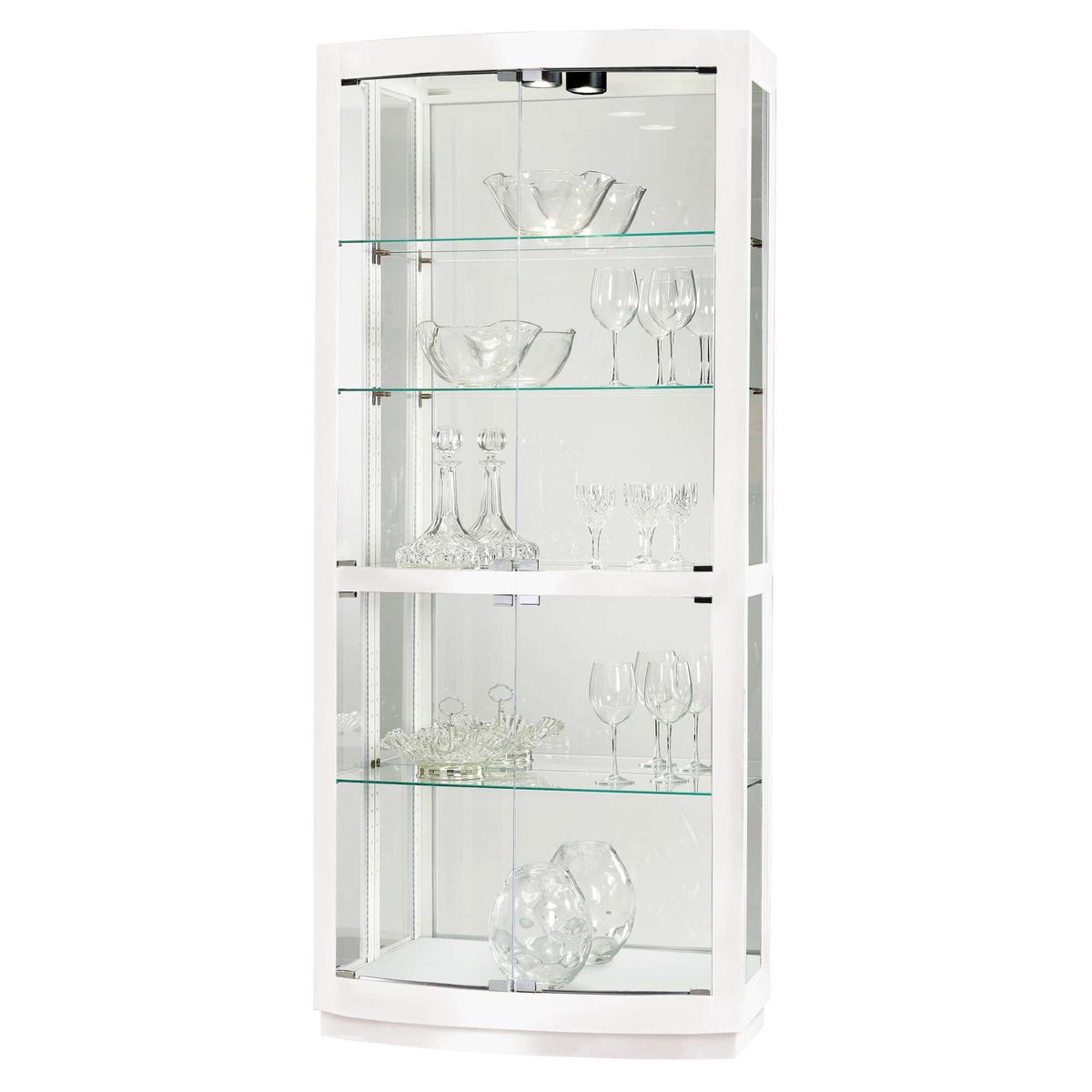 Condition photo showing As Is for Bradington III Curio Cabinet Width: 36 Depth: 17 Height: 82 in Bottom left side glass pane and bottom left door missing/broken, light pedal needs replaced (available through HowardMiller.com, light will not work without pedal)
