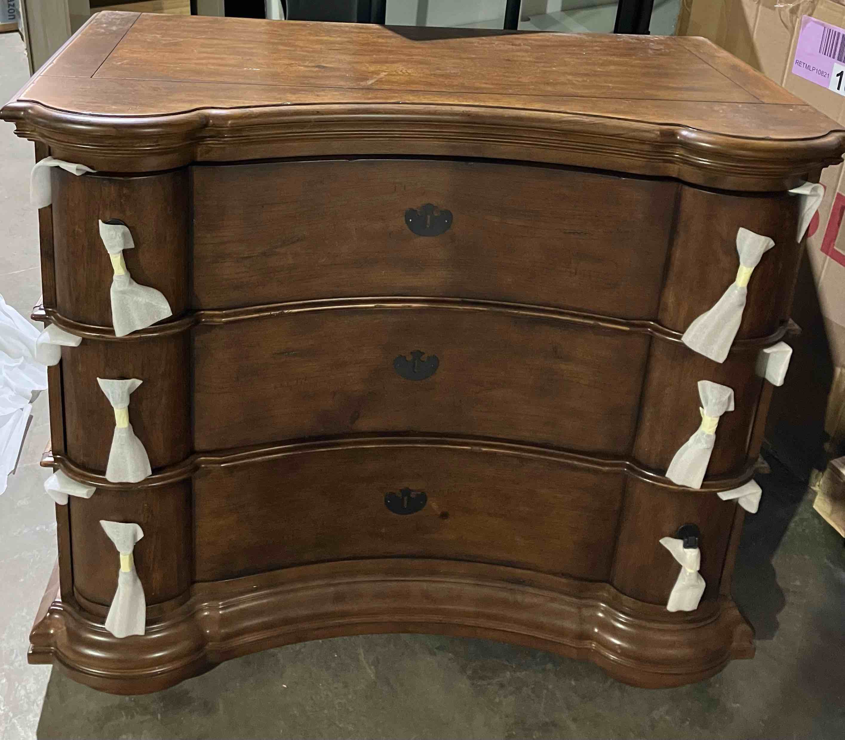 Condition photo showing As Is for Archivist 38” 3 Drawer Bachelors Chest - (As is because both back legs are broken and will need repaired, pictured)