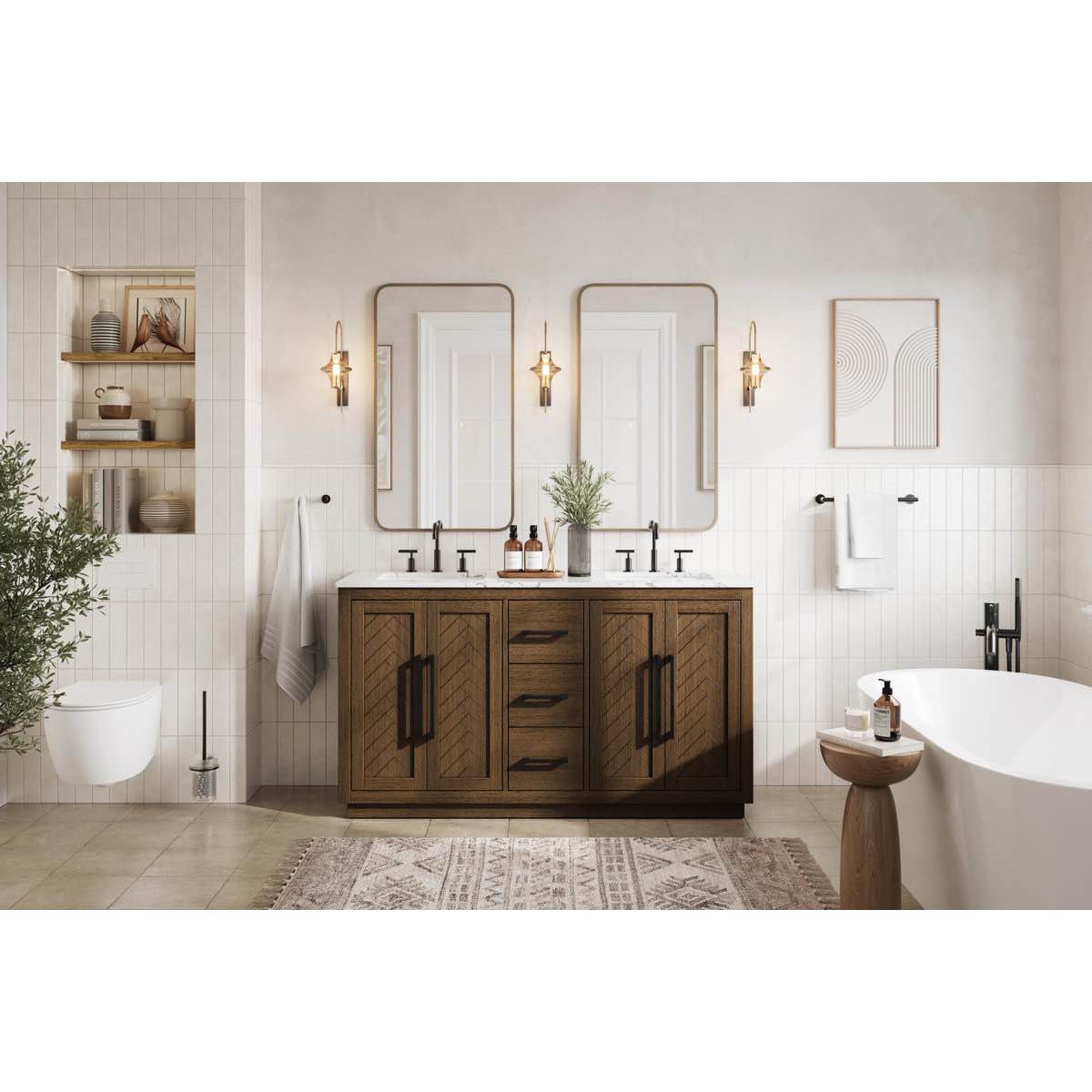 Condition photo showing Good Condition for 72 inch Hazel Oak Double Bathroom Vanity and Sintered Marble Countertop, hairline fractures in countertop on outer edge of each sink (pictured) 34'' H X 72'' W X 21.5'' D