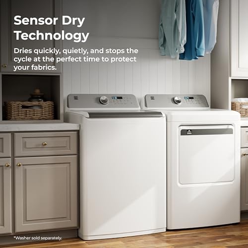 Condition photo showing New/Like New for Kenmore 7.0 cu. ft. Front Load Electric Dryer - with Guard to Reduce Wrinkles & Static - Smart Sensor Drying - LED - White, gently used-like new, includes power cable, 46.7 x 32.8 x 26.9