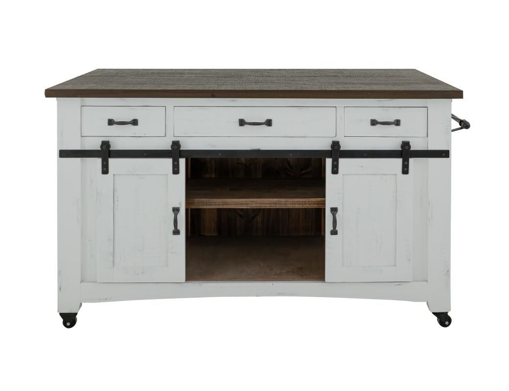 Condition photo showing Good Condition for Pueblo White Kitchen Island, Farmhouse Style, Six in Scratch/Dent on Countertop (visible in picture), castors sold separately