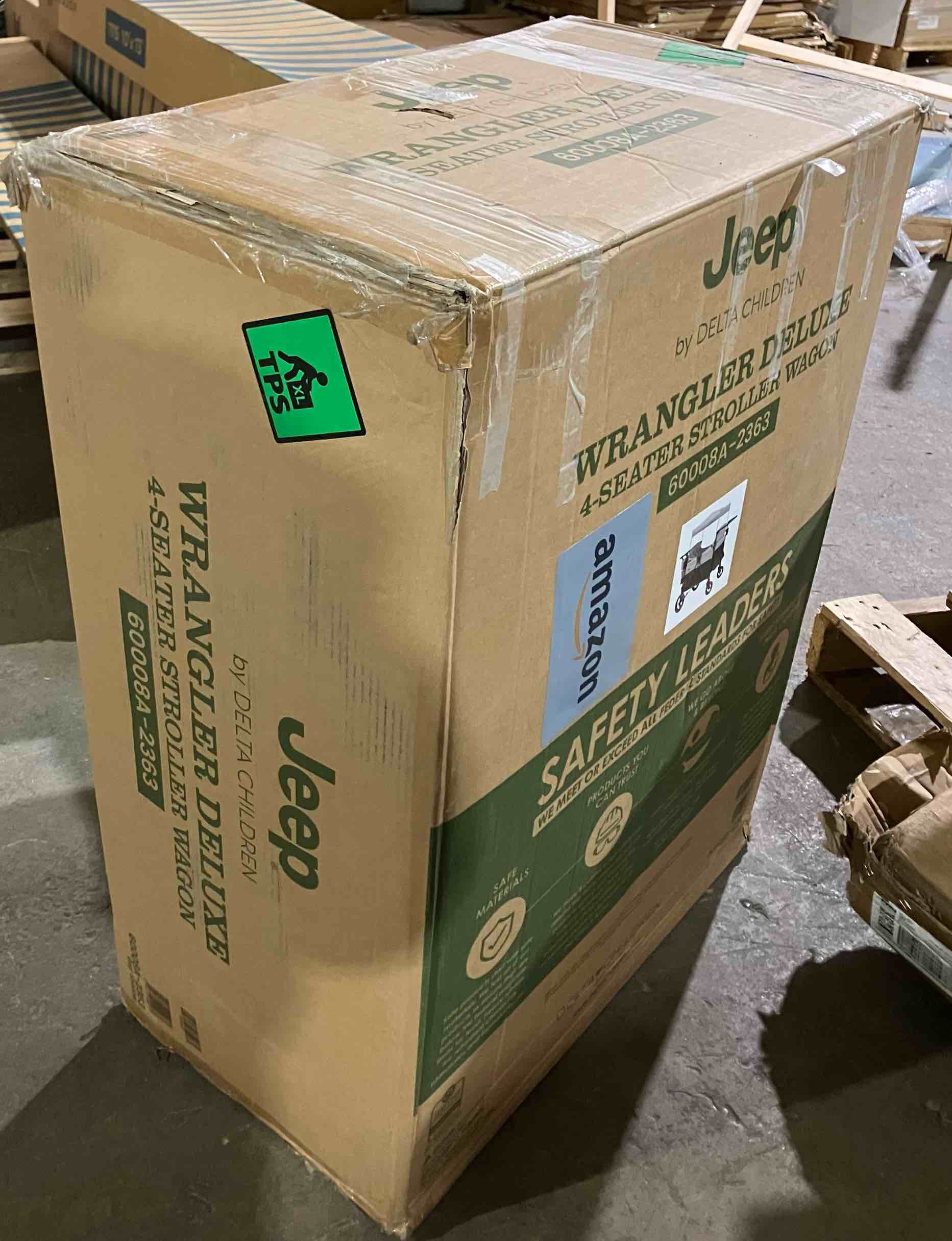 Condition photo showing New/Like New for Jeep Wrangler Deluxe 4 Seater Stroller Wagon by Delta Children - Premium Quad Stroller Wagon for 4 Kids with Convertible Seats, Adjustable Push/Pull Handles, Removable Canopy & Flat Fold, Grey