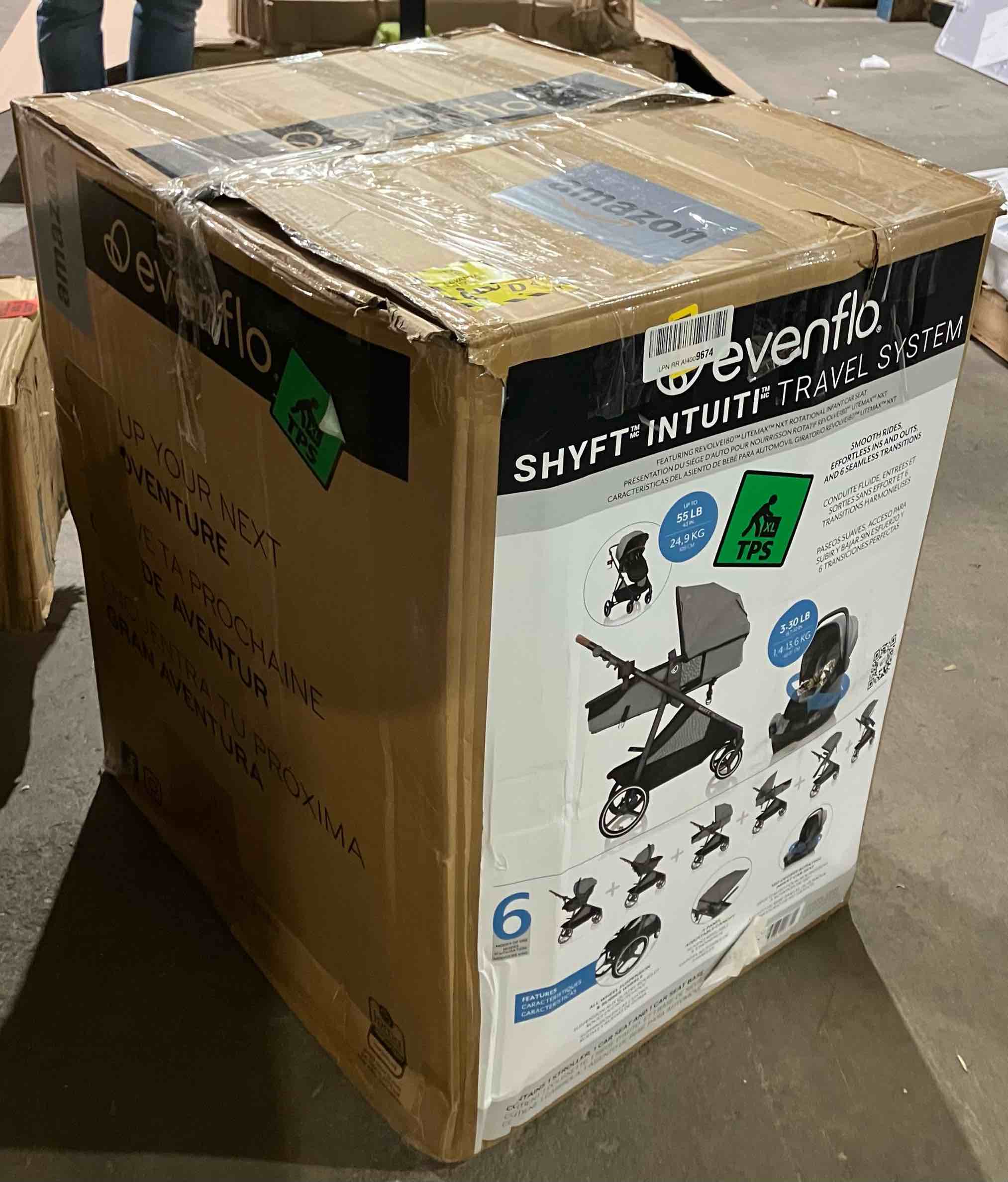 Condition photo showing New/Like New for Evenflo Shyft Intuiti Travel System with Revolve180 LiteMax™ NXT Rotating Rear-Facing Lightweight Preemie and Infant Car Seat 3-30 lbs. (Fossil Gray)