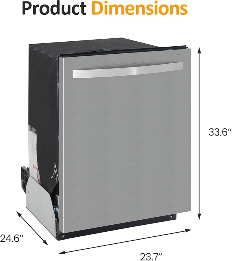 Condition photo showing Good Condition for 24" Built-in Dishwasher, Stainless Steel Dishwasher Machine with Adjustable Racks, 14–16 Place Settings Large Capacity Dish Washer, 8 Wash Programs, Energy Star Certified, Sliver, Small Dents on Handle and Top Right of Door (pictured), 23.74"D x 26.1"W x 33.66"H