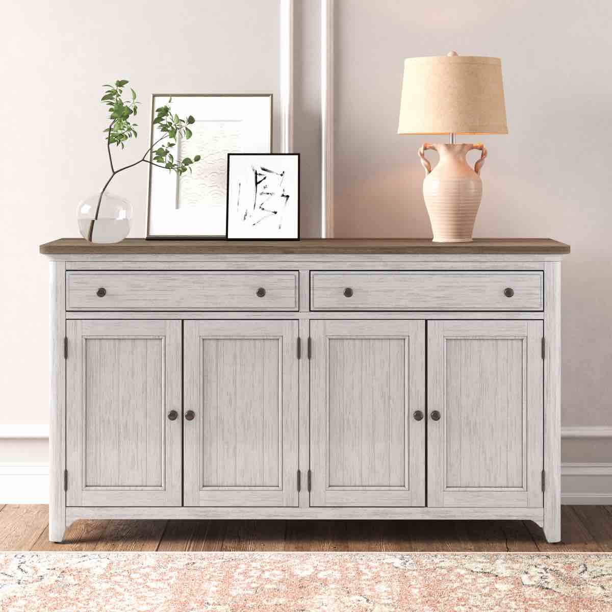 Harlowe 68'' Sideboard, Cabinet has two holes in back (pictured), left side end has minor denting/scratches, top left knob bent and needs replaced (pictured)(replacements available at any hardware store), left side countertop has hairline crack, 38'' H X 68'' W X 19'' D