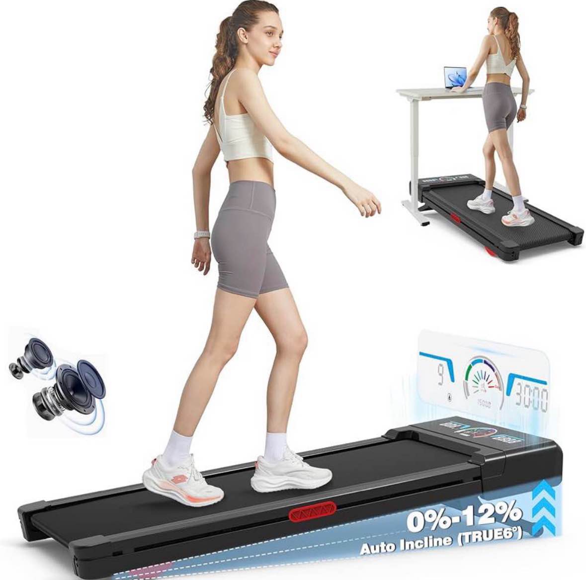 Walking Pad Treadmill with 12% 9-Level Auto Incline, 450 lbs Capacity RGB LED Screen, Bluetooth Speaker Under Desk Treadmill, Compact Treadmills for Home Hiking 48 "D x 21"W x 6"H, New in Box