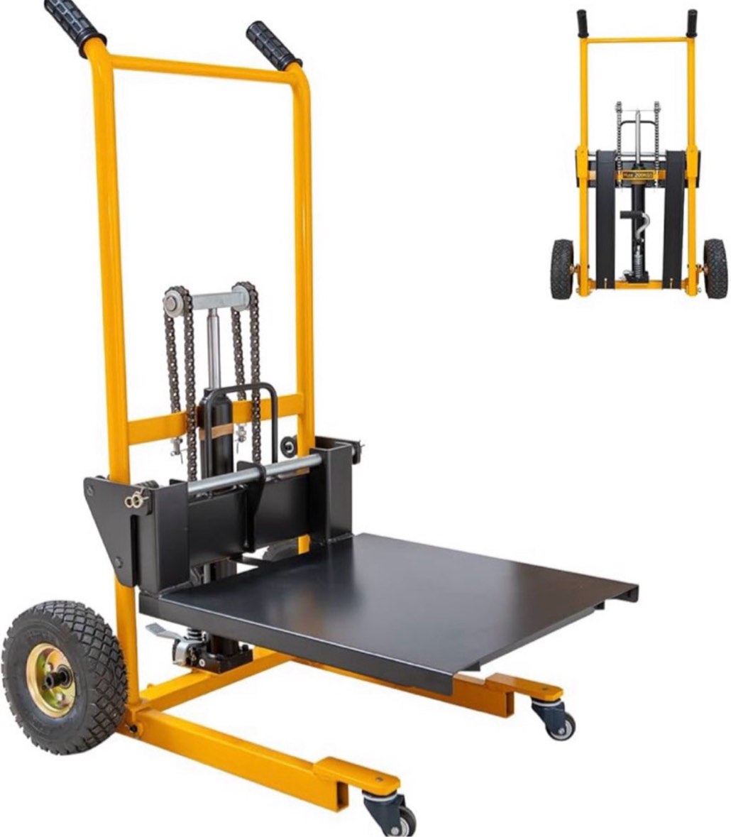 MMS Foldable Hydraulic Material Lift Winch Stacker, 450 Lbs 35.8" Max Lift w/ 9" Wheels 360° Swivel Casters, Pallet Truck Dolly, Fork Lift Table Cart, Pallet Jack, Removable Platform, Adjustable Forks 33.5"L x 21.3"W x 47.6"H