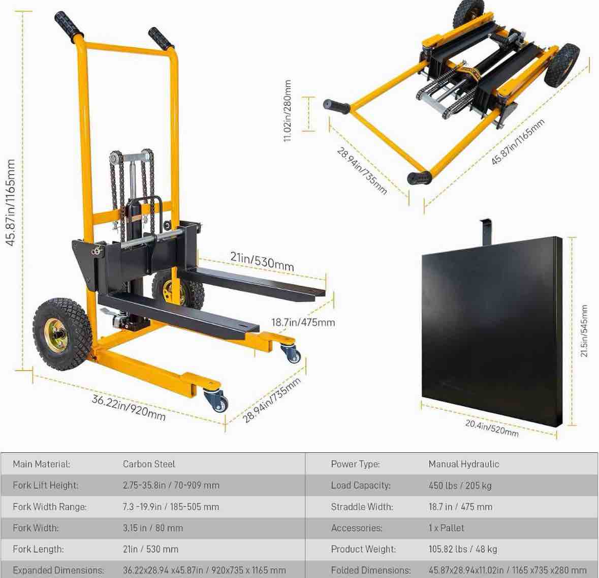 Condition photo showing New/Like New for MMS Foldable Hydraulic Material Lift Winch Stacker, 450 Lbs 35.8" Max Lift w/ 9" Wheels 360° Swivel Casters, Pallet Truck Dolly, Fork Lift Table Cart, Pallet Jack, Removable Platform, Adjustable Forks 33.5"L x 21.3"W x 47.6"H