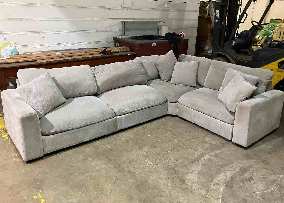 Condition photo showing New/Like New for 125” Gray Chenile 4 piece modular sectional sofa - (couch is slightly different from stock photo, see lot photos for accurate depiction) 