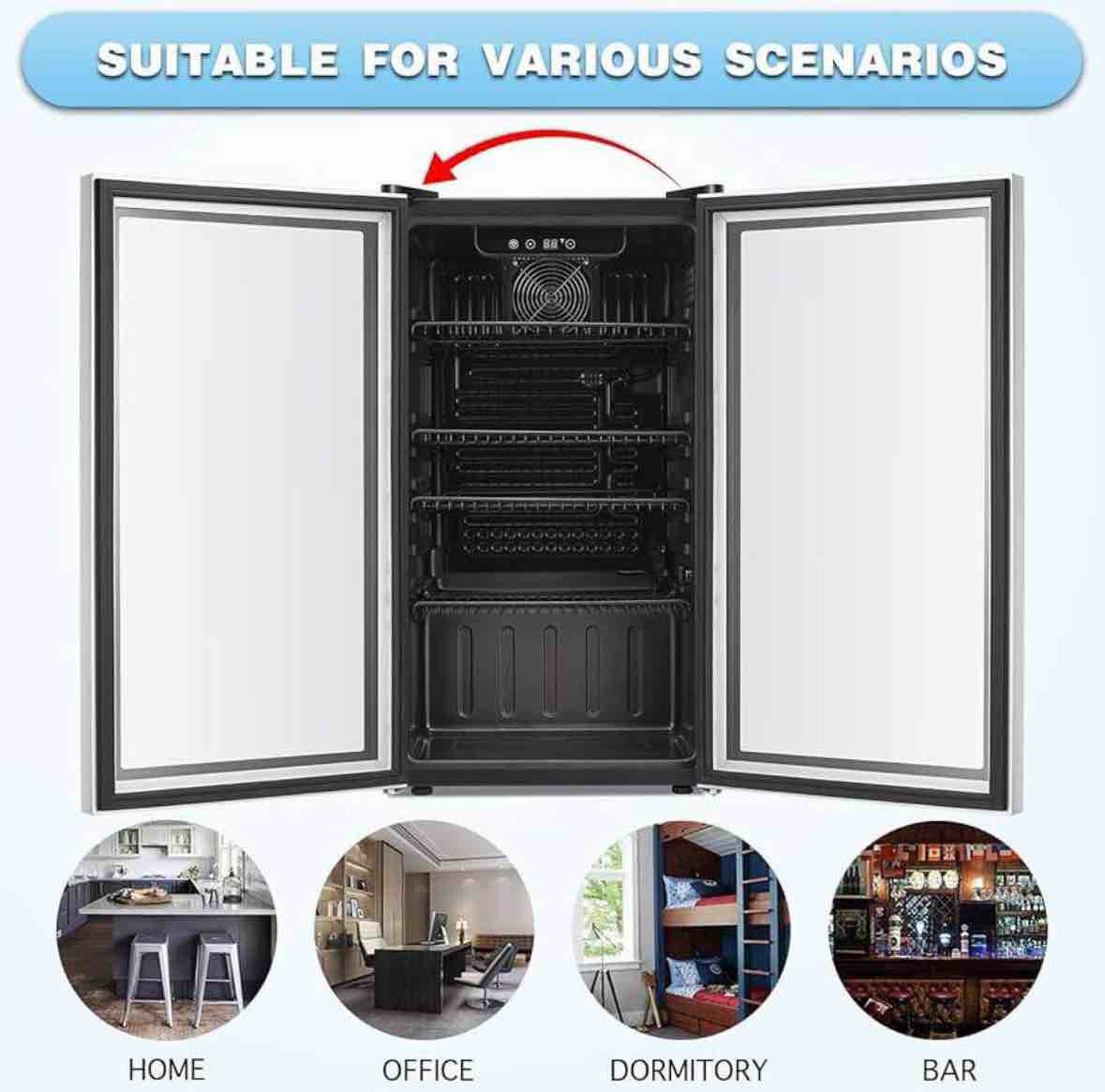 Condition photo showing New/Like New for Antarctic Star Beverage Refrigerator Cooler -120 Can Mini Fridge Glass Door for Soda Beer or Wine Constant Glass Door Small Drink Dispenser Clear Front for Home, Office Bar 3.2cu.ft 19.29"D x 17.52"W x 31.18"H