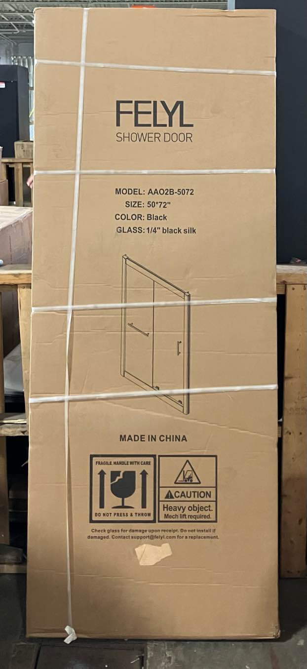 Condition photo showing New/Like New for 44-48" W x 72" H Framed Grid Pattern Single Sliding Shower Door with 1/4" (6mm) Clear SGCC Tempered Glass in Matte Black Finish, Reversible Installation