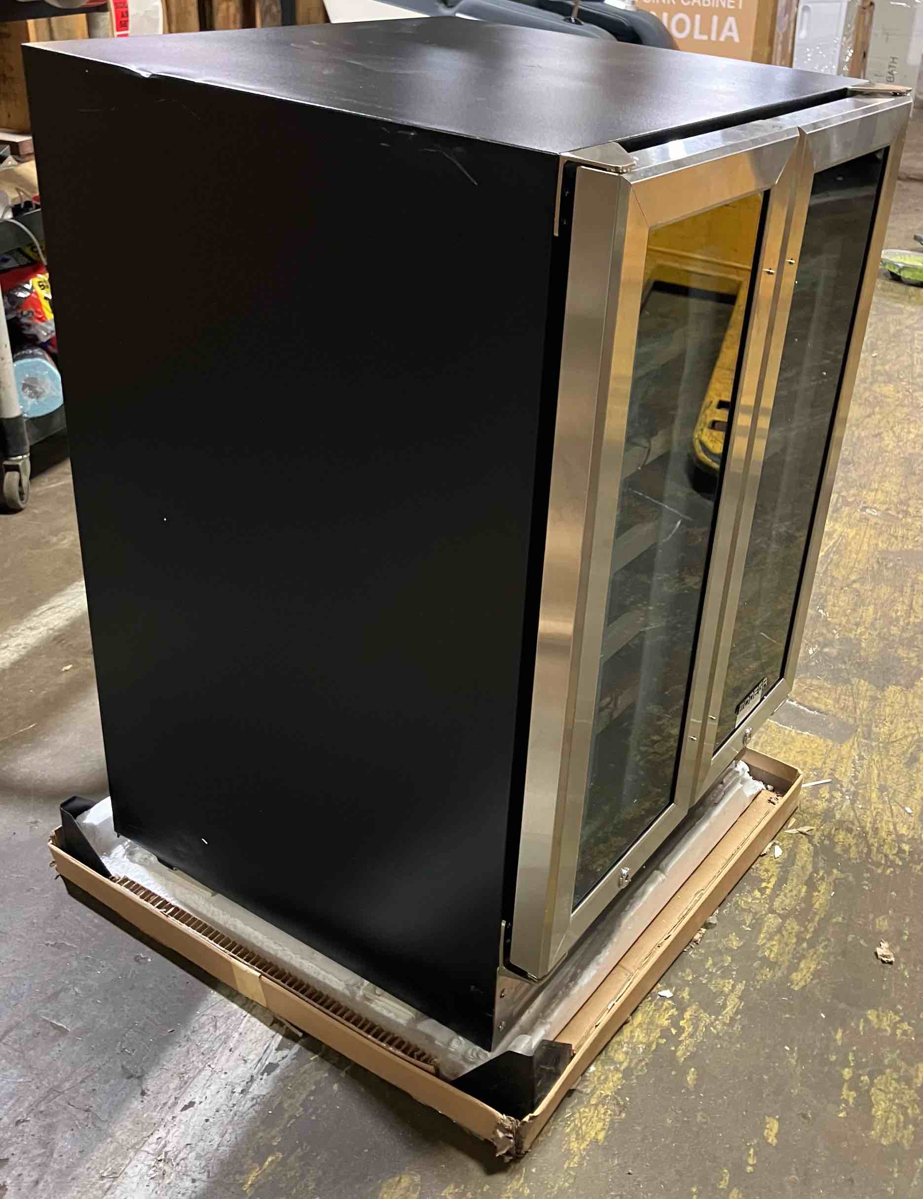Condition photo showing Good Condition for BODEGA 57 Cans (12 oz.) Freestanding Beverage Refrigerator with Wine Storage with Smart APP Control - (Good condition because of some dents on top left corner, and some scratches on the sides)