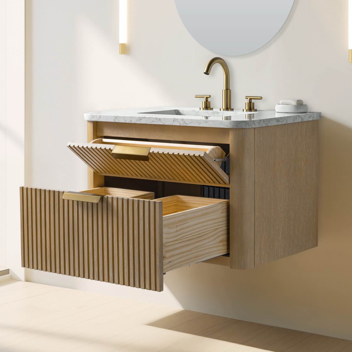 Liljan 30'' Wall-Mounted Single Bathroom Classic Oak Vanity with Arabescato Engineered Stone Top With A U-Shaped Dovetail Drawer to Accommodate Plumbling, Overall Dimensions 20'' H X 30'' W X 20'' D