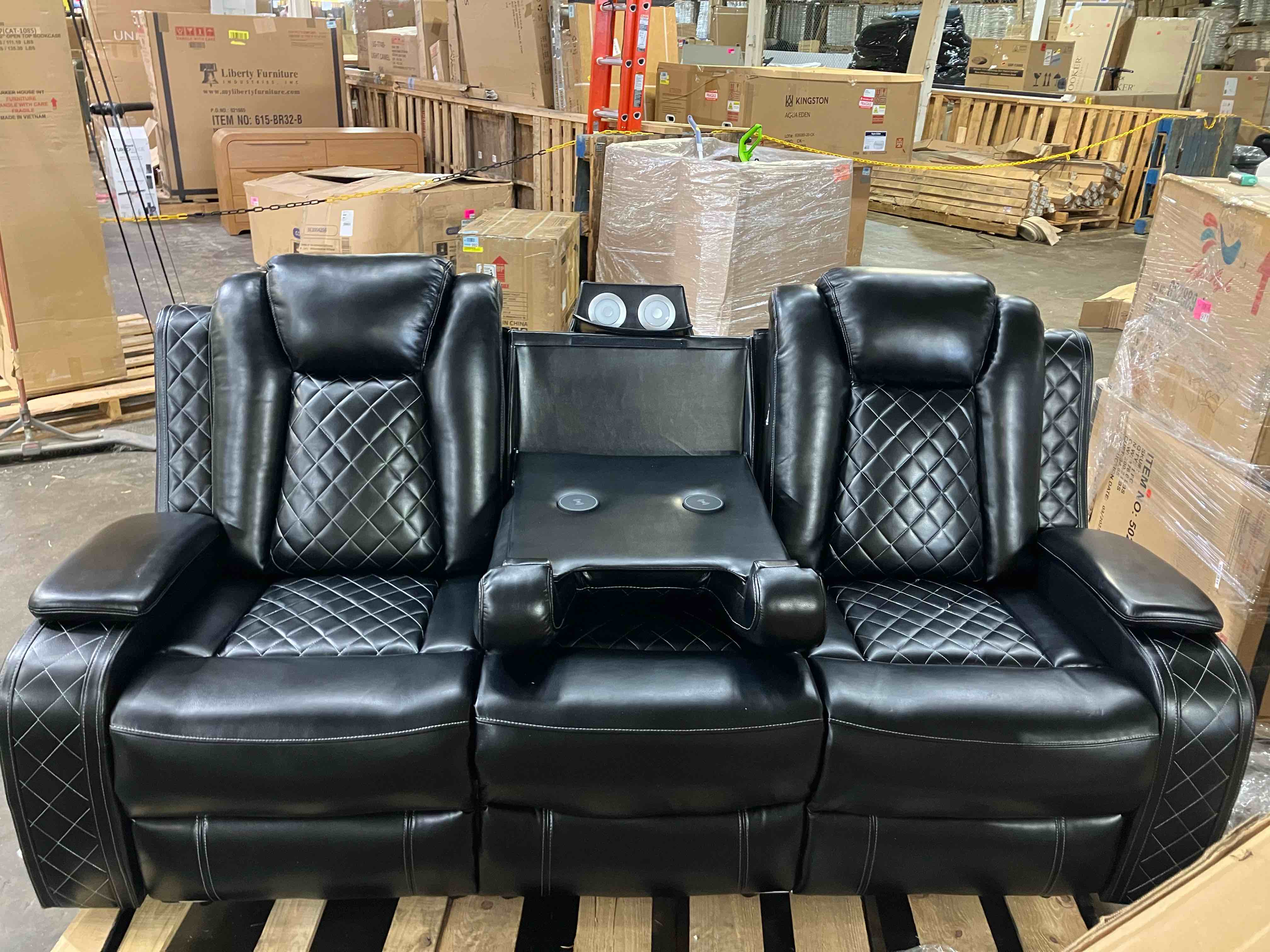 Condition photo showing Good Condition for Seatcraft Republic Sofa Italian Leather, Powered Headrest, Power Recline - (Good condition because of tears on back cushions, not visible from the front, and there is a deep wrinkle line on the right seat cushion, pictured)