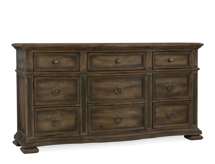 Condition photo showing Good Condition for Williamson 72" Wide Poplar and Walnut Dresser with 9 Drawers from the Hill Country Collection - (Good condition because of damage to the lower right front of base, pictured)
