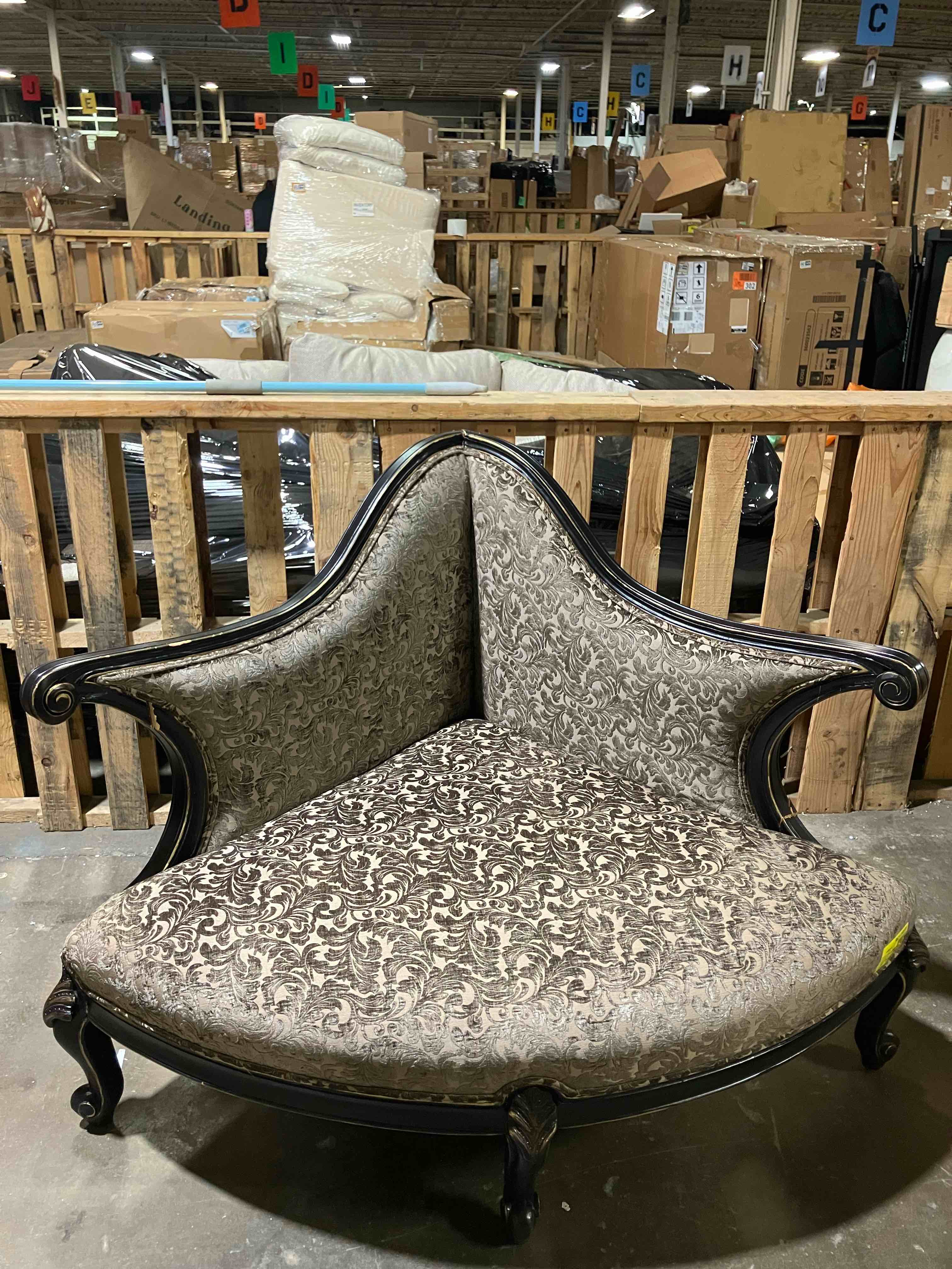 Condition photo showing As Is for Chenille Upholstered Bench By Astoria Grand - (As is because of broken wood/splits in several places, pictured)